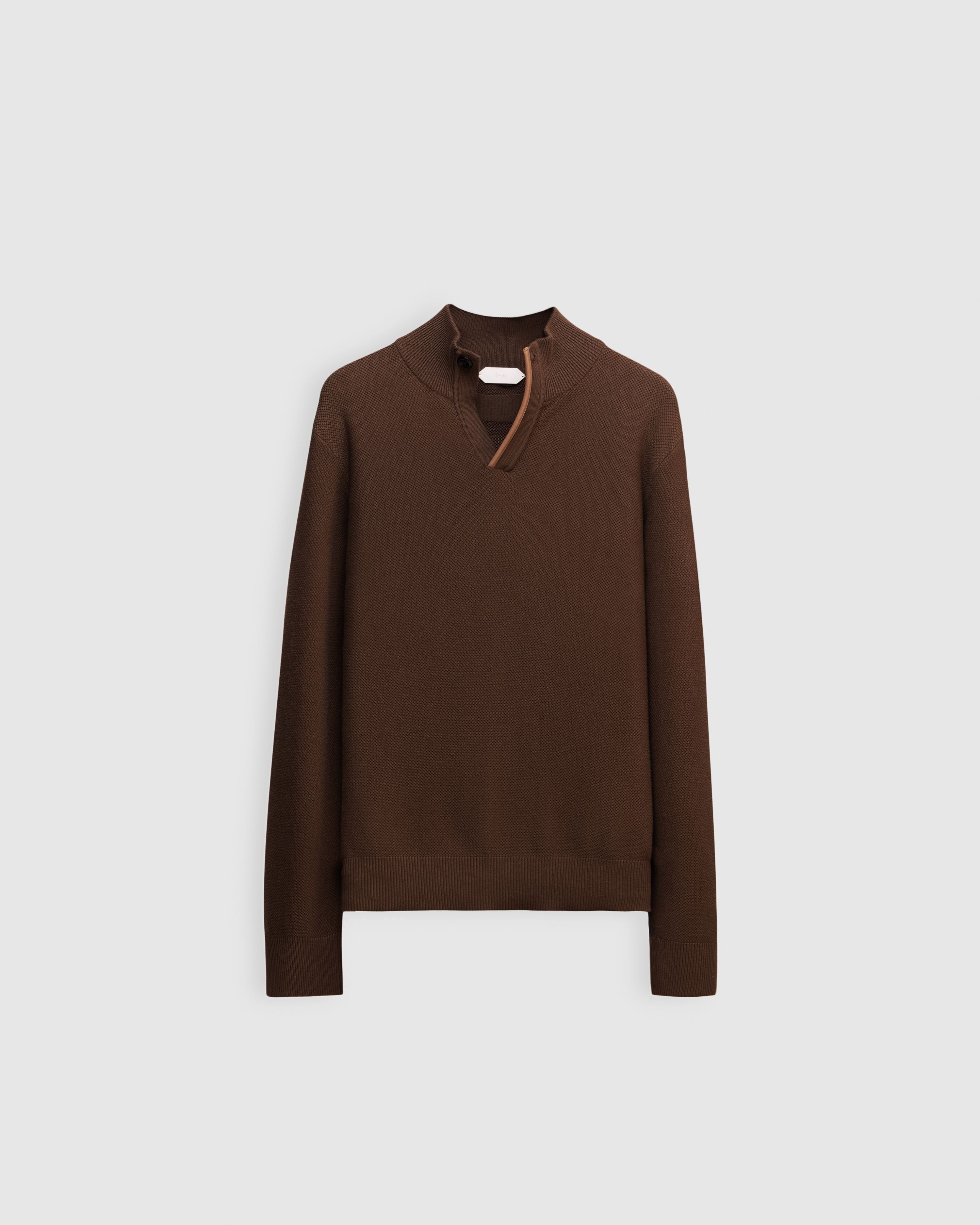 BRECKEN – Premium Cotton Knit Honeycomb High-Collar Sweater with Leather Trim
