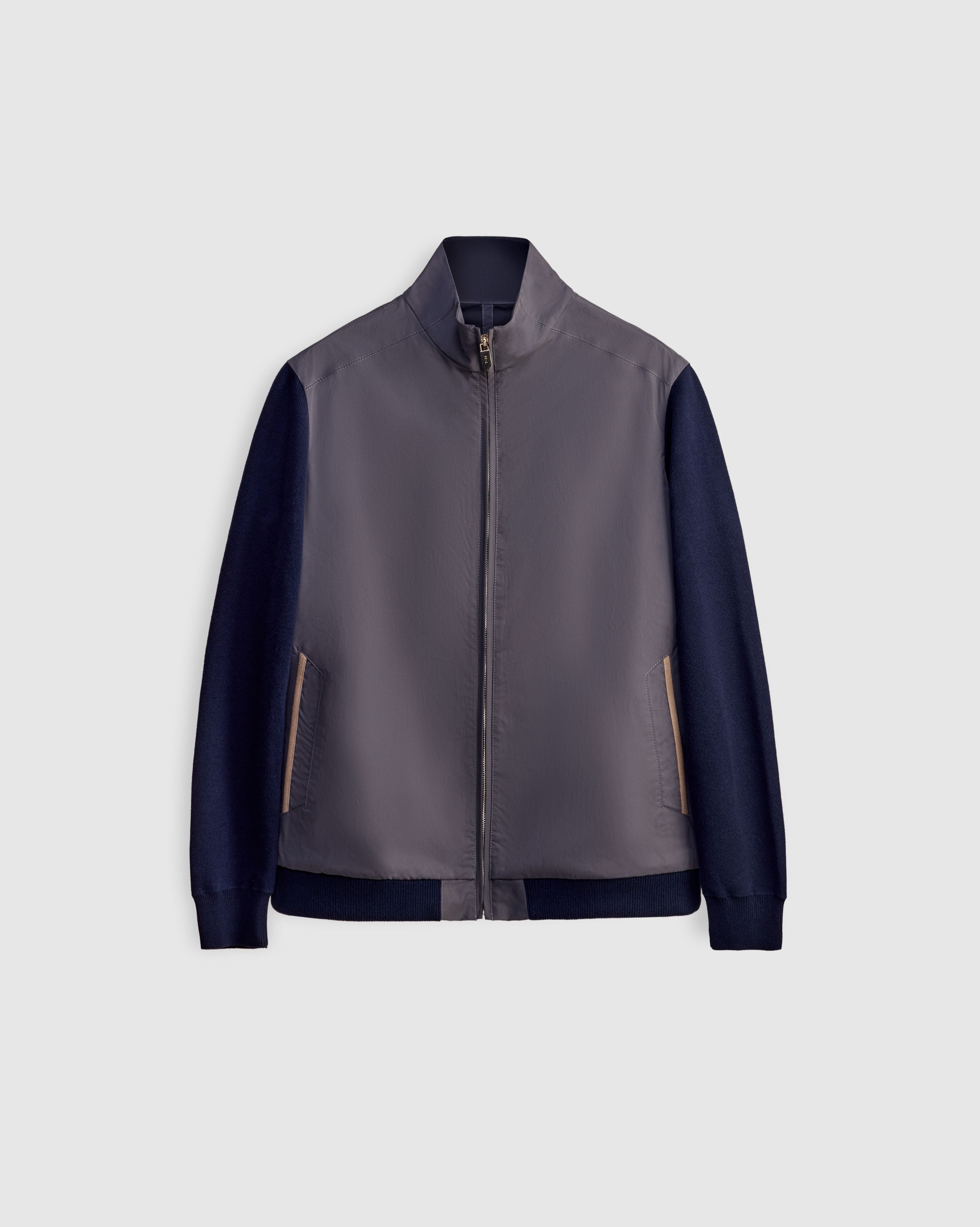 SAILOR - Steel Blue Bomber Jacket with Navy Cotton-Knit Sleeves and Suede-Trimmed Pockets