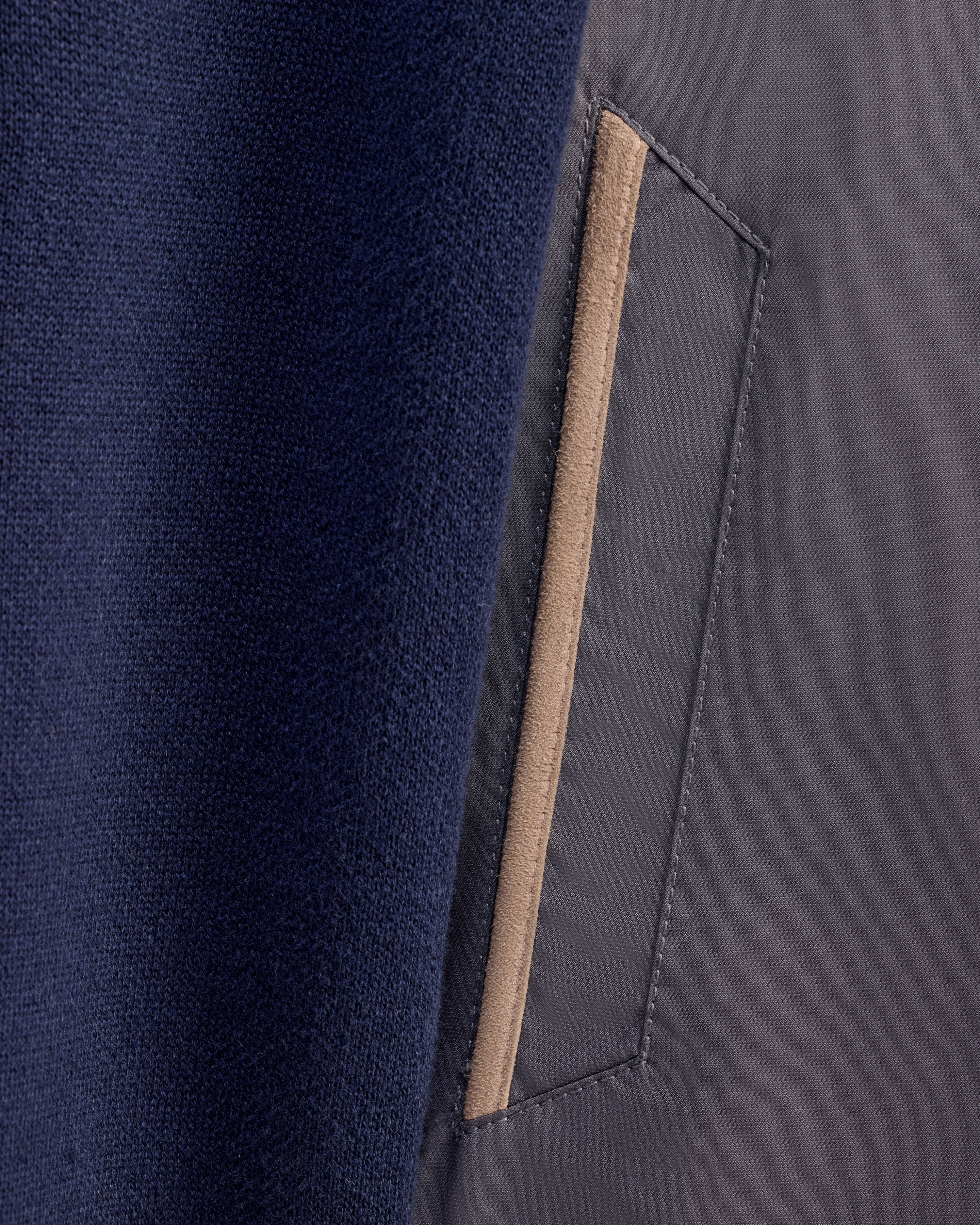 SAILOR - Steel Blue Bomber Jacket with Navy Cotton-Knit Sleeves and Suede-Trimmed Pockets