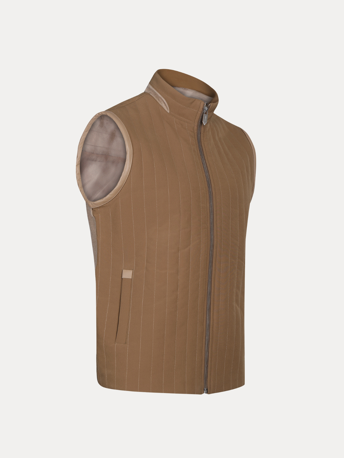 Hunter Quilted Camel Vest with Leather Piping