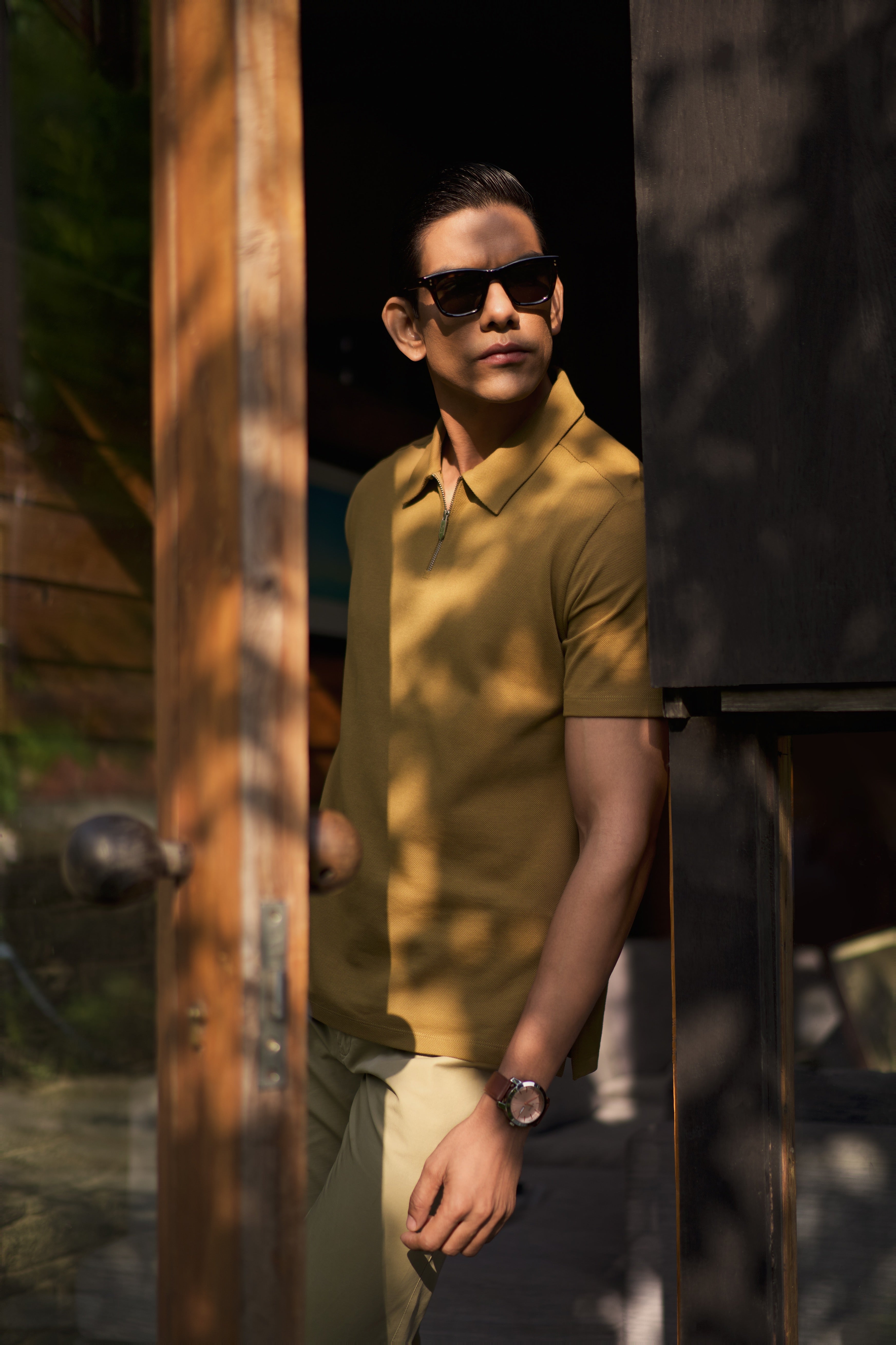 Dune Desert Sand Piqué Cotton Quarter-Zip Polo Shirt