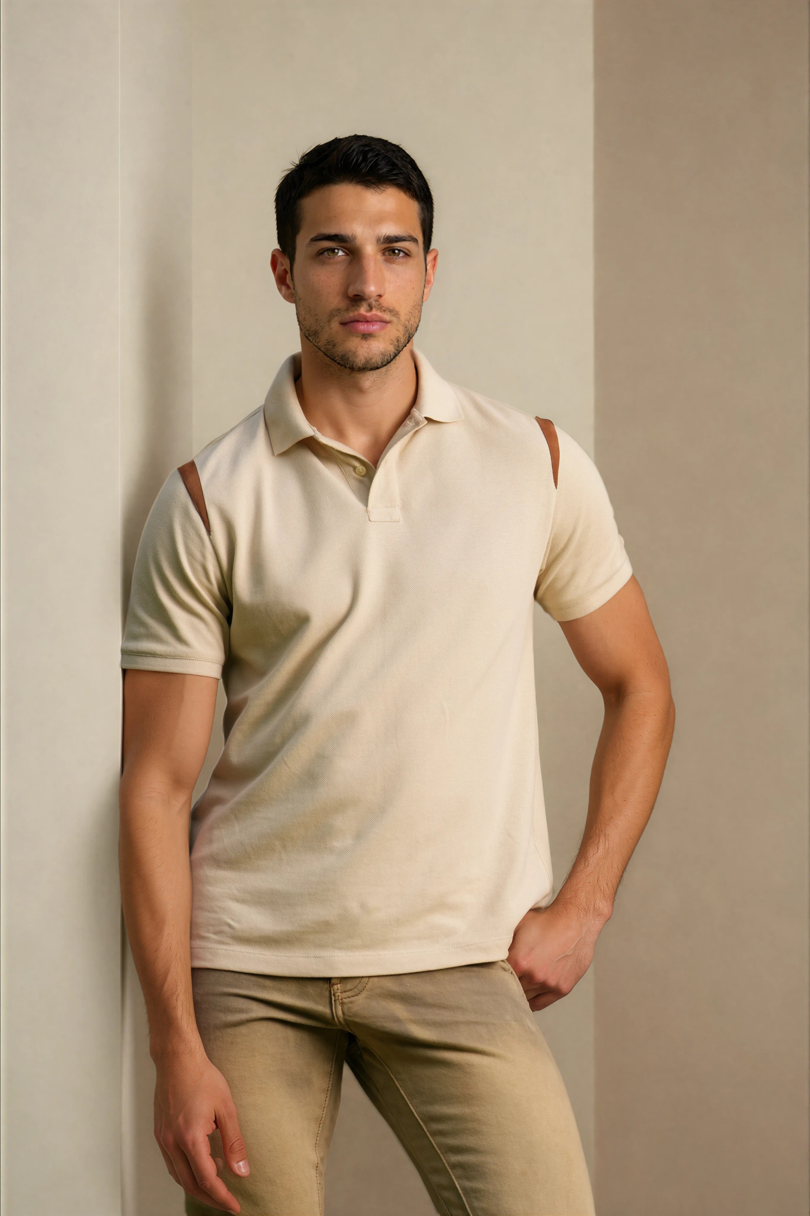 Markhor Ivory Piqué Polo Shirt with Tan Suede Accents