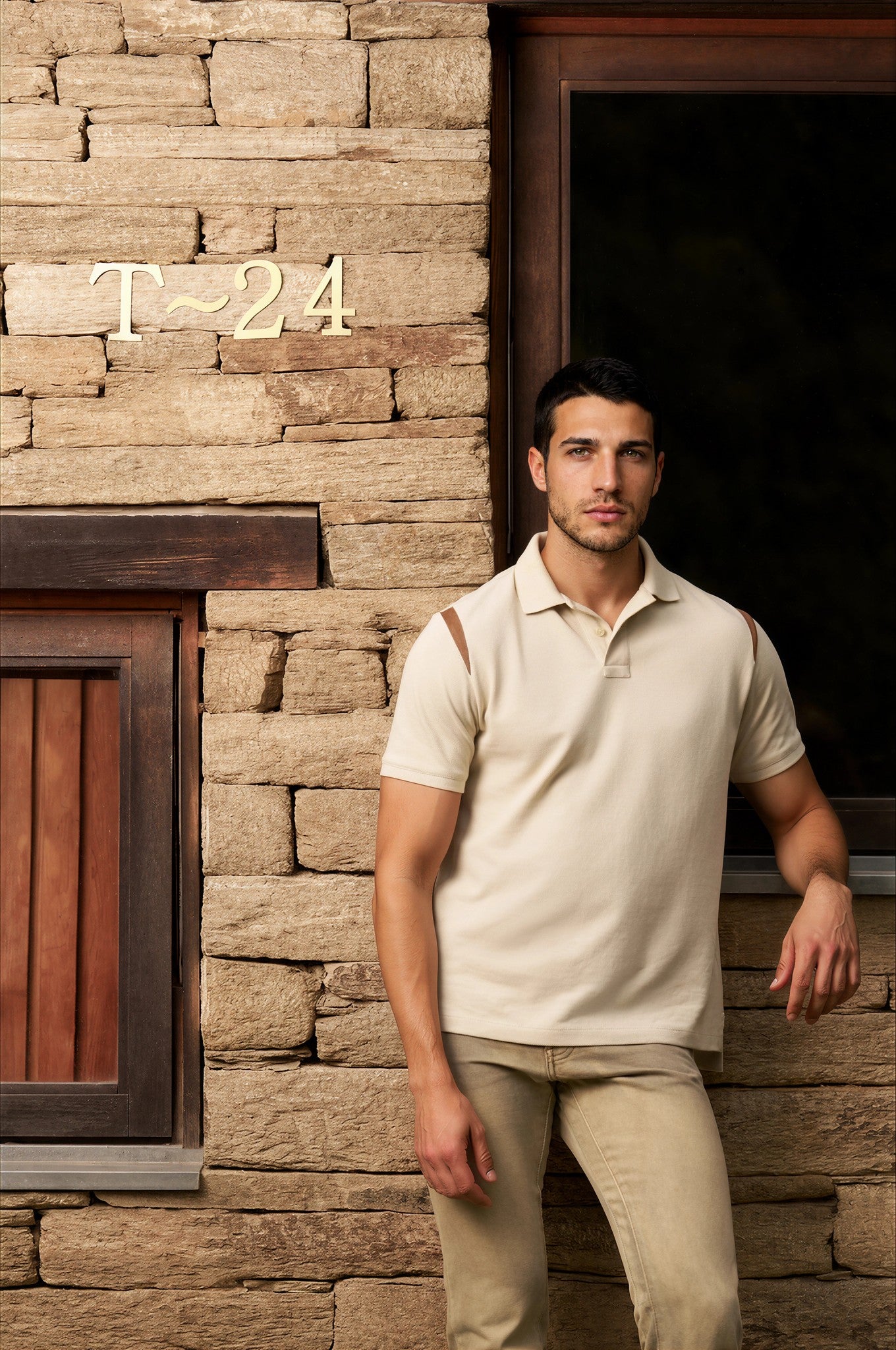 Markhor Ivory Piqué Polo Shirt with Tan Suede Accents