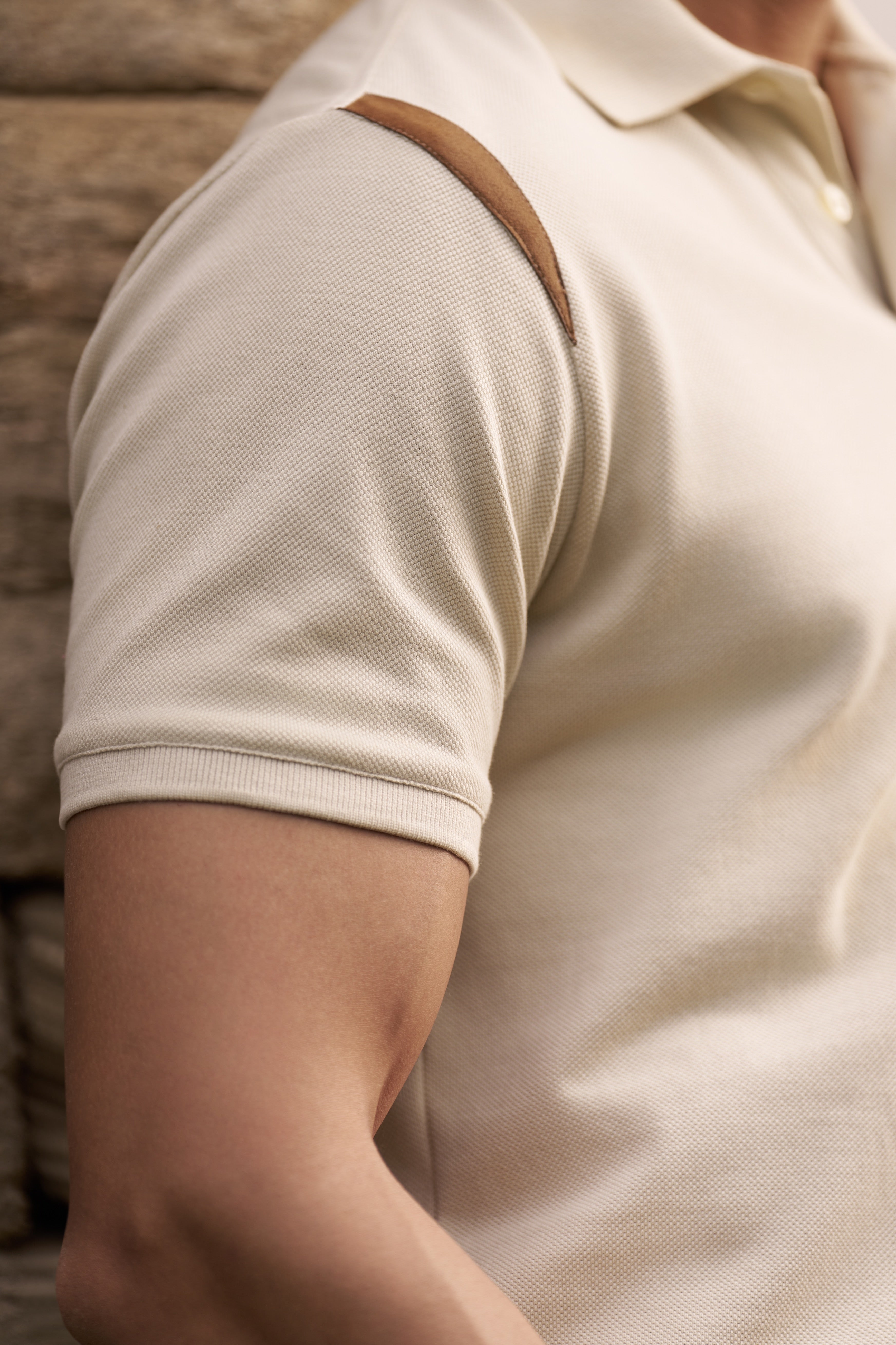 Markhor Ivory Piqué Polo Shirt with Tan Suede Accents