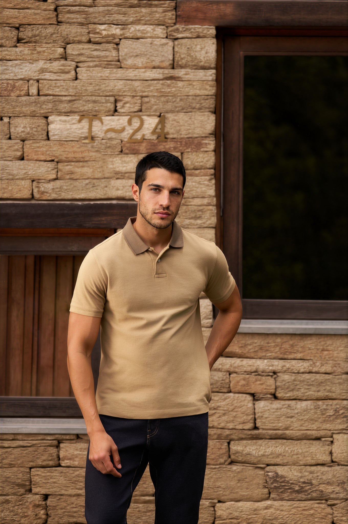 Terrane Sand Beige Piqué Polo Shirt with Contrast Collar