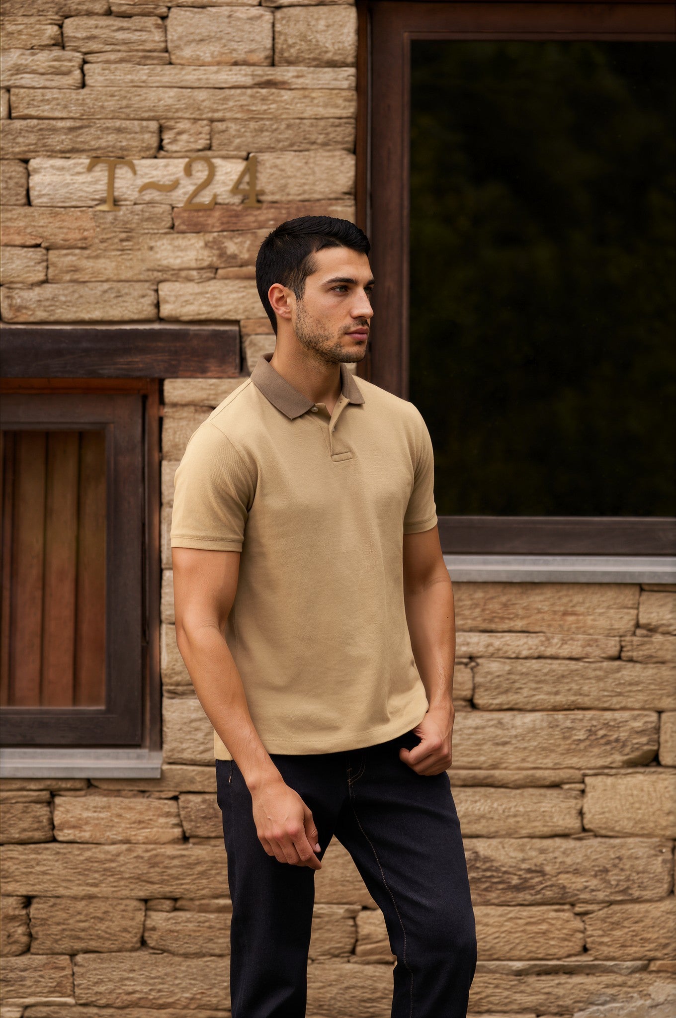 Terrane Sand Beige Piqué Polo Shirt with Contrast Collar