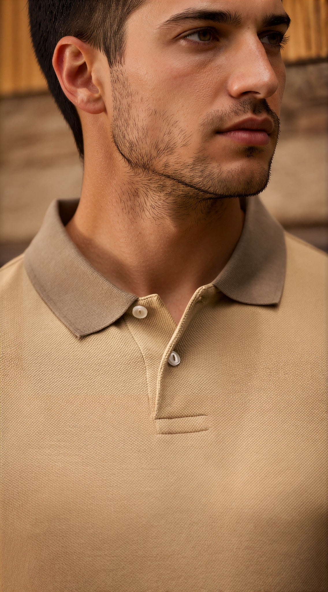 Terrane Sand Beige Piqué Polo Shirt with Contrast Collar