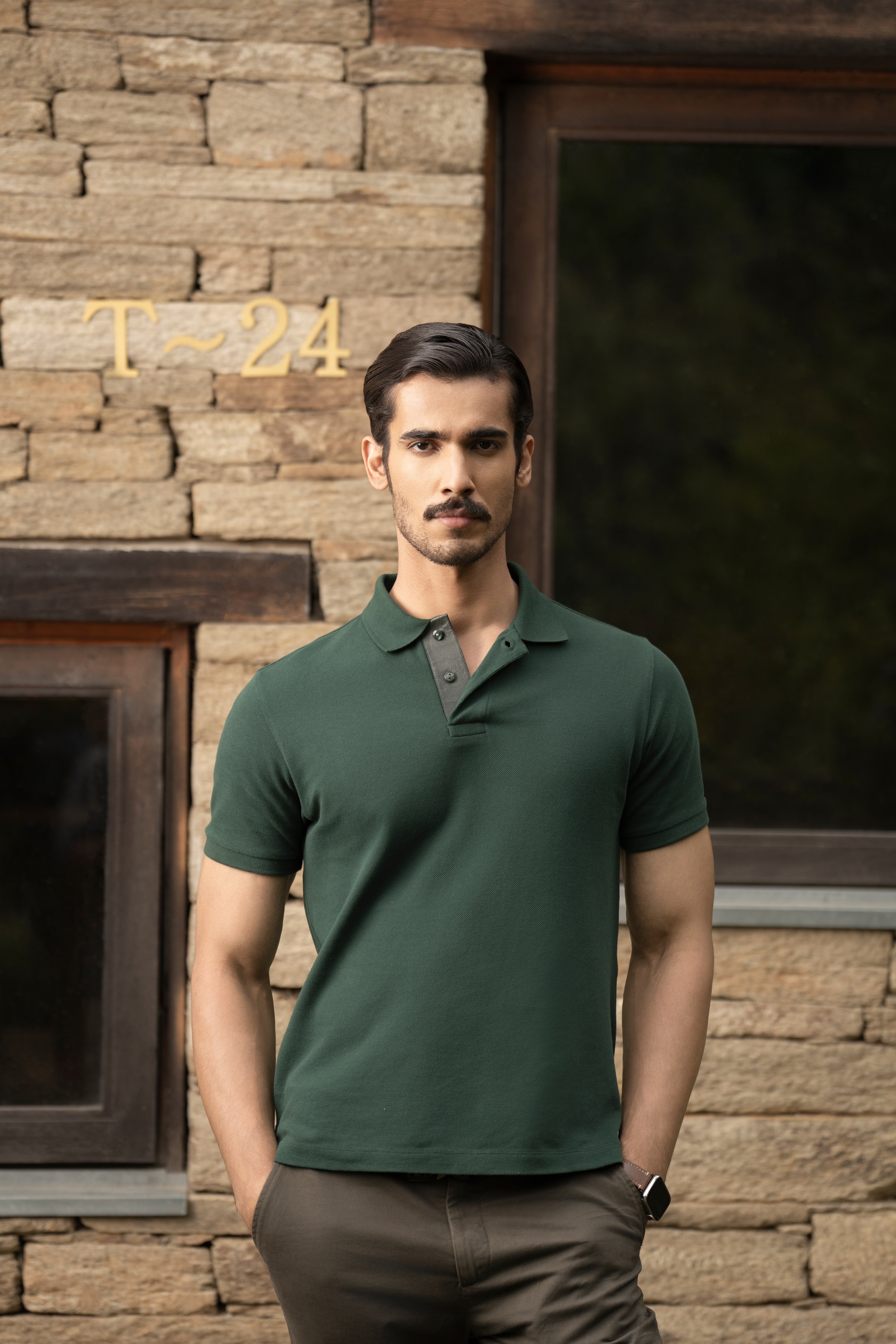 Umbra Forest Green Piqué Cotton Polo Shirt with Tonal Leather Placket