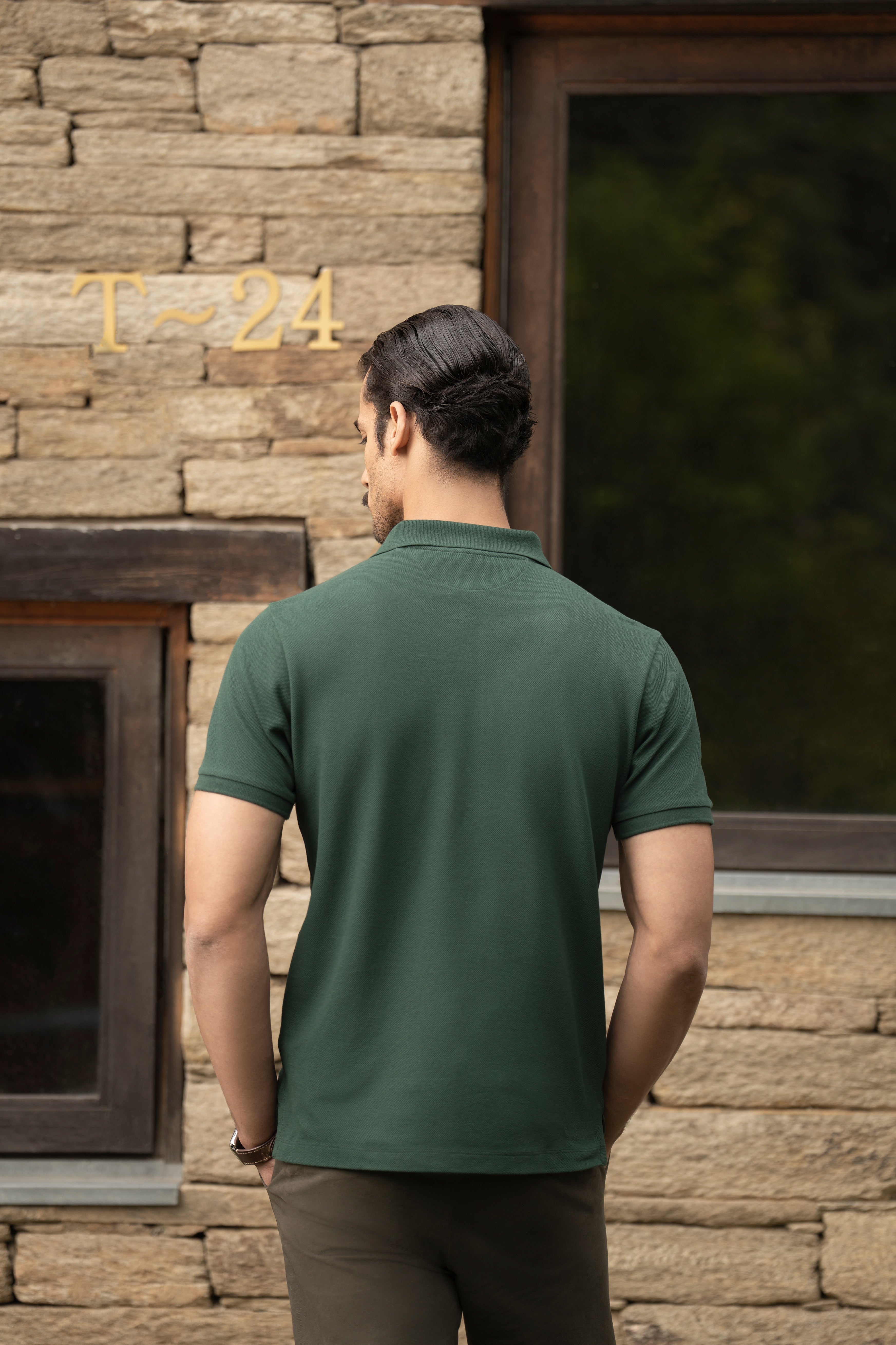 Umbra Forest Green Piqué Cotton Polo Shirt with Tonal Leather Placket