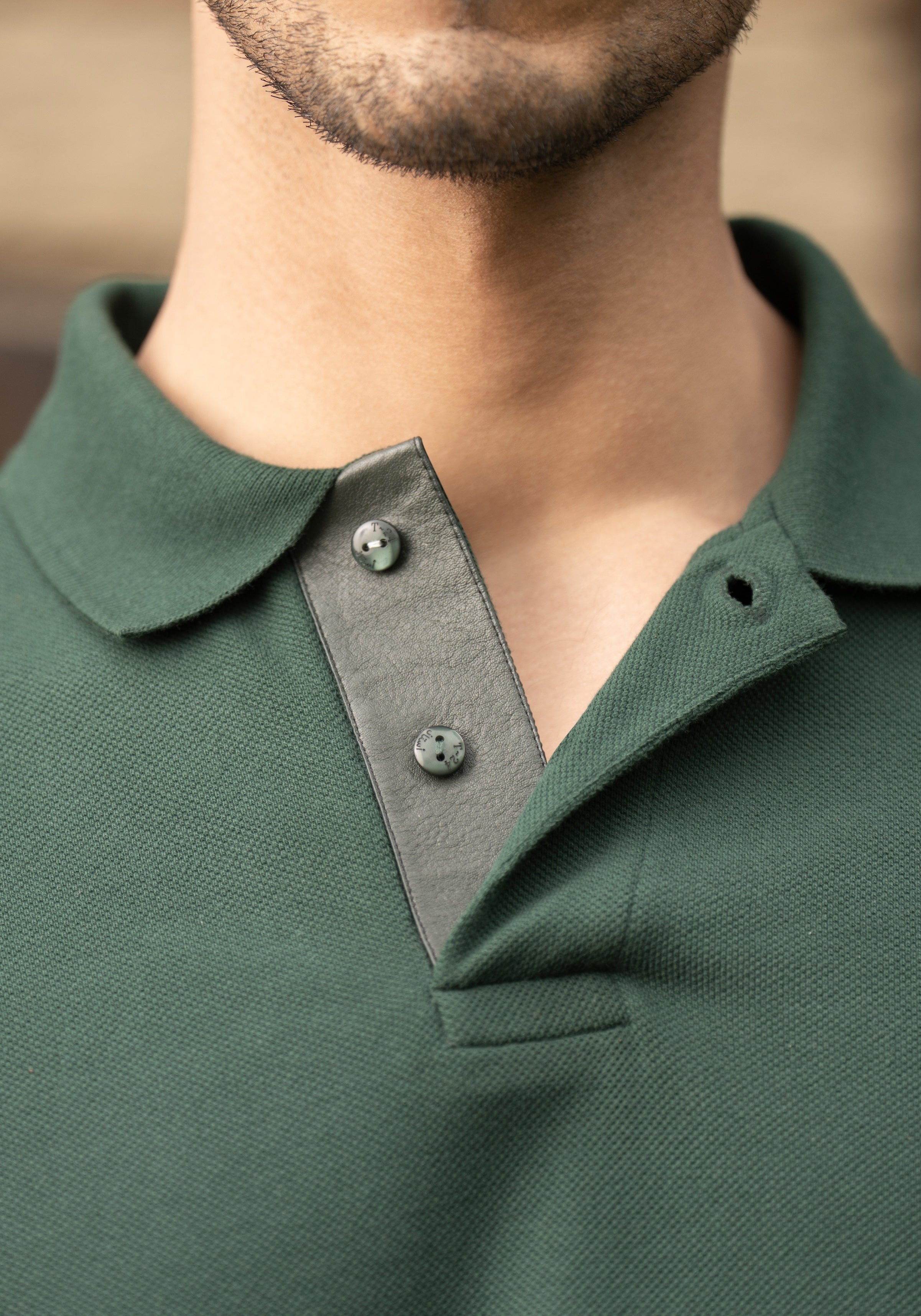Umbra Forest Green Piqué Cotton Polo Shirt with Tonal Leather Placket