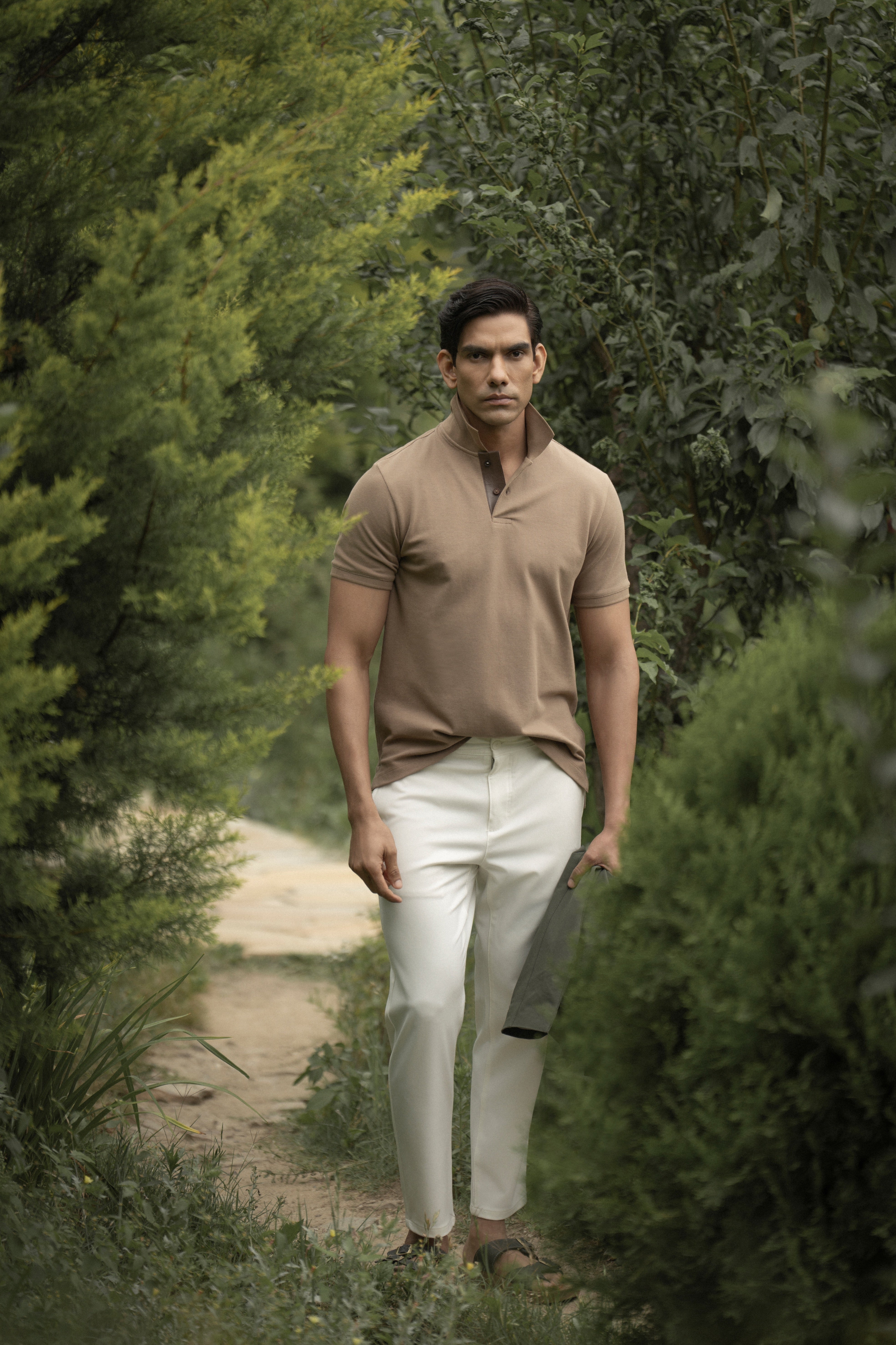 Kraven Brown Piqué Cotton Polo Shirt with Contrast Leather Placket