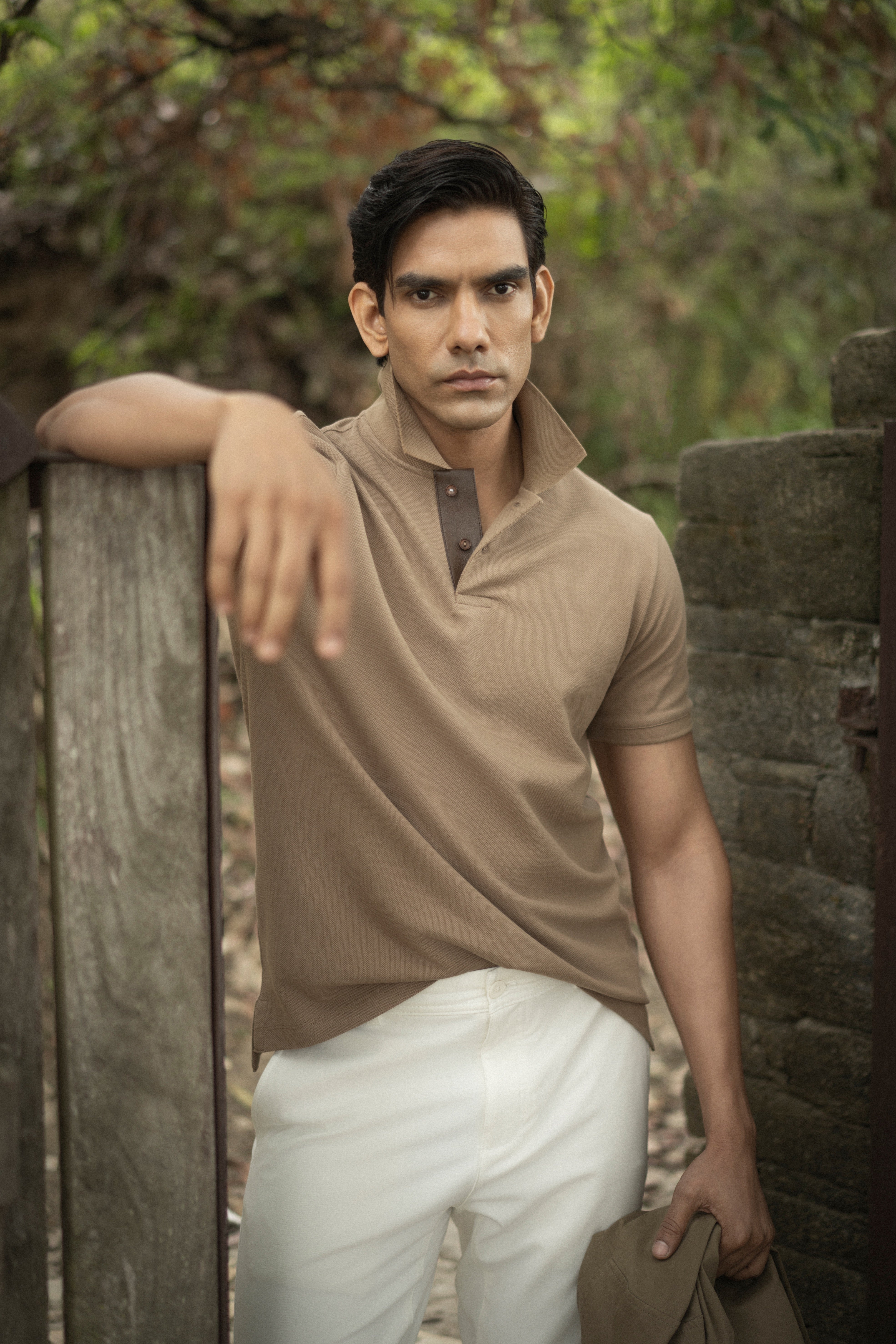 Kraven Brown Piqué Cotton Polo Shirt with Contrast Leather Placket
