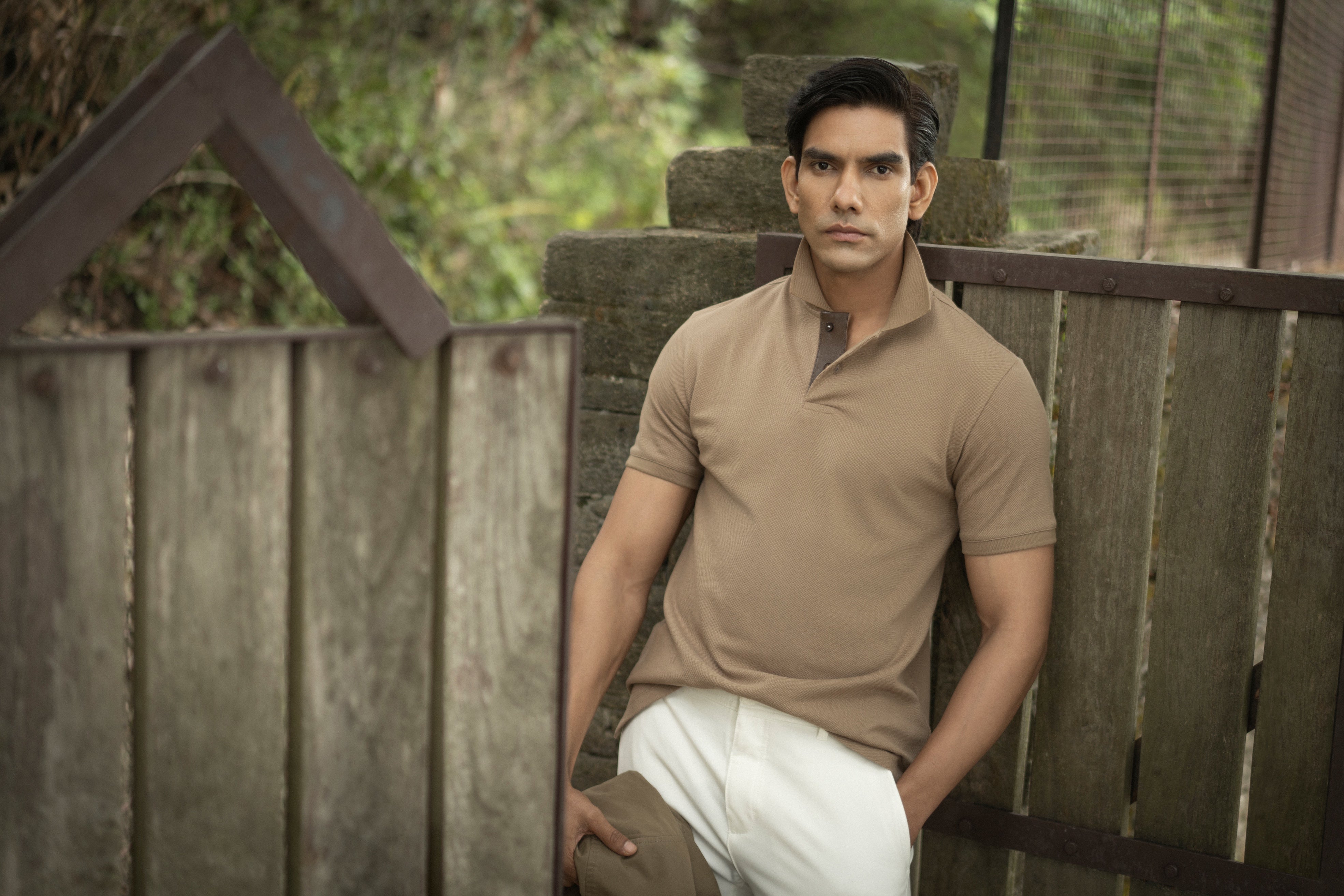 Kraven Brown Piqué Cotton Polo Shirt with Contrast Leather Placket