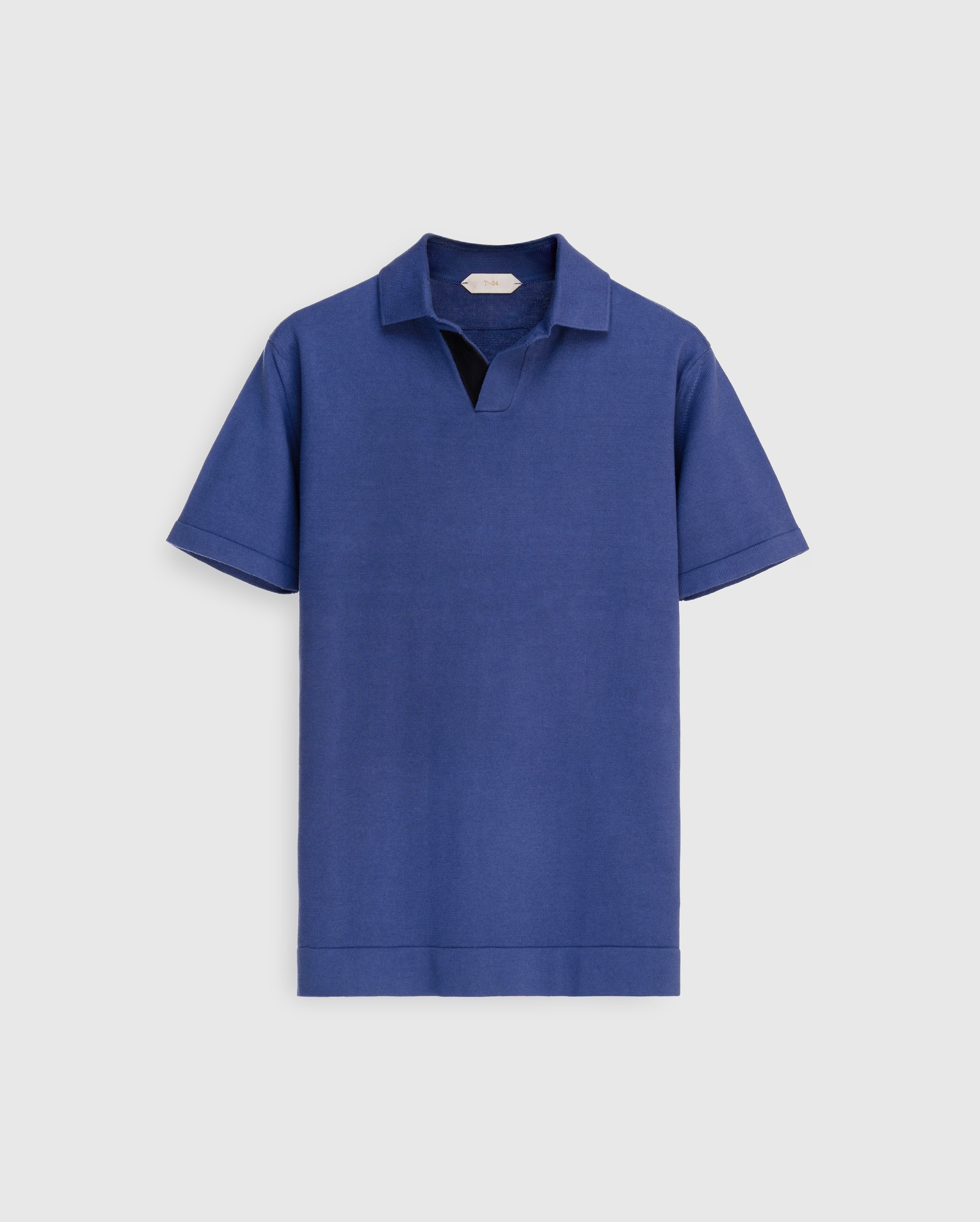 Aston - Marine blue Mercerised Knit Polo with Suede Trim