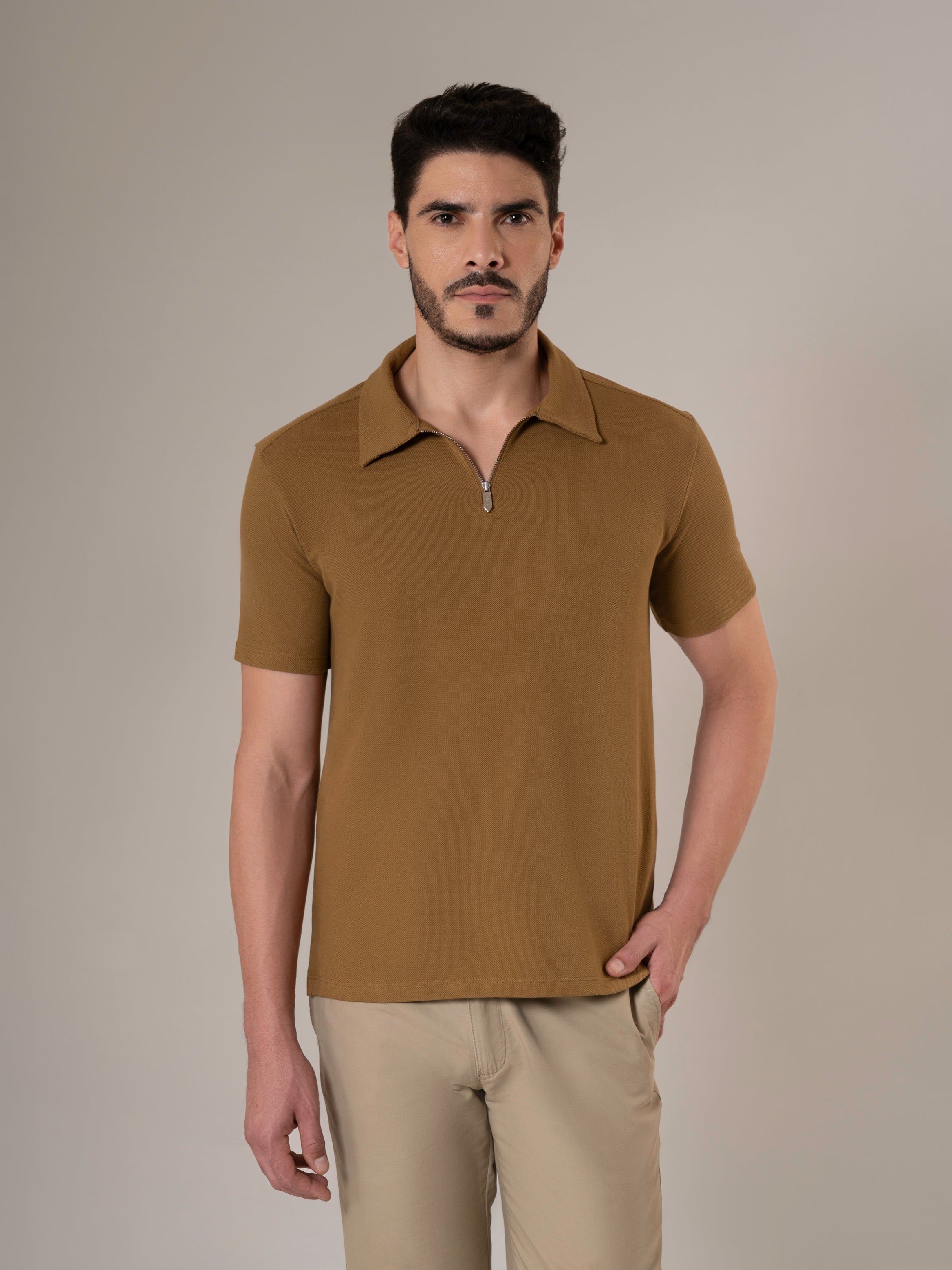 Dune Desert Sand Piqué Cotton Quarter-Zip Polo Shirt