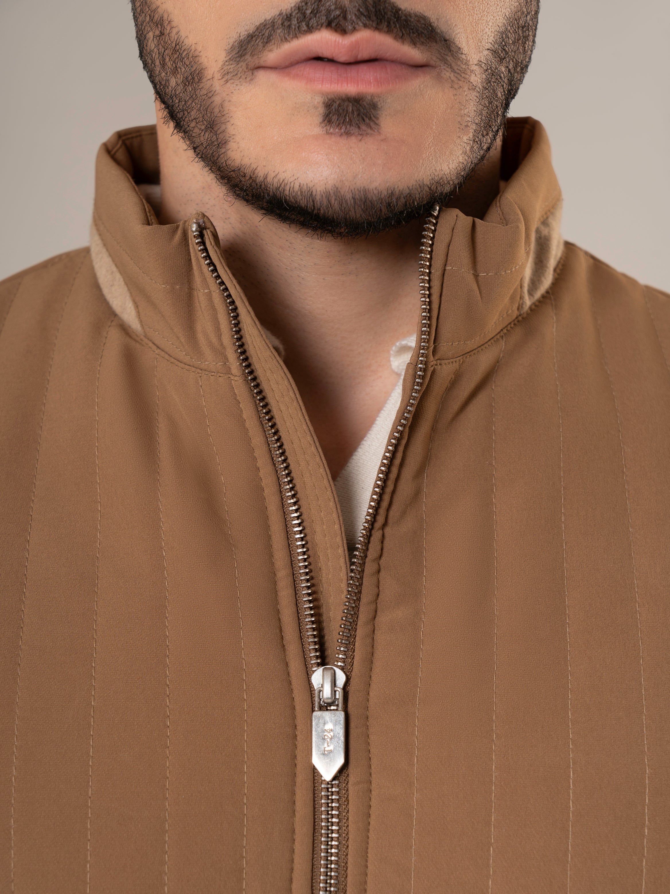 Hunter Quilted Camel Vest with Leather Piping