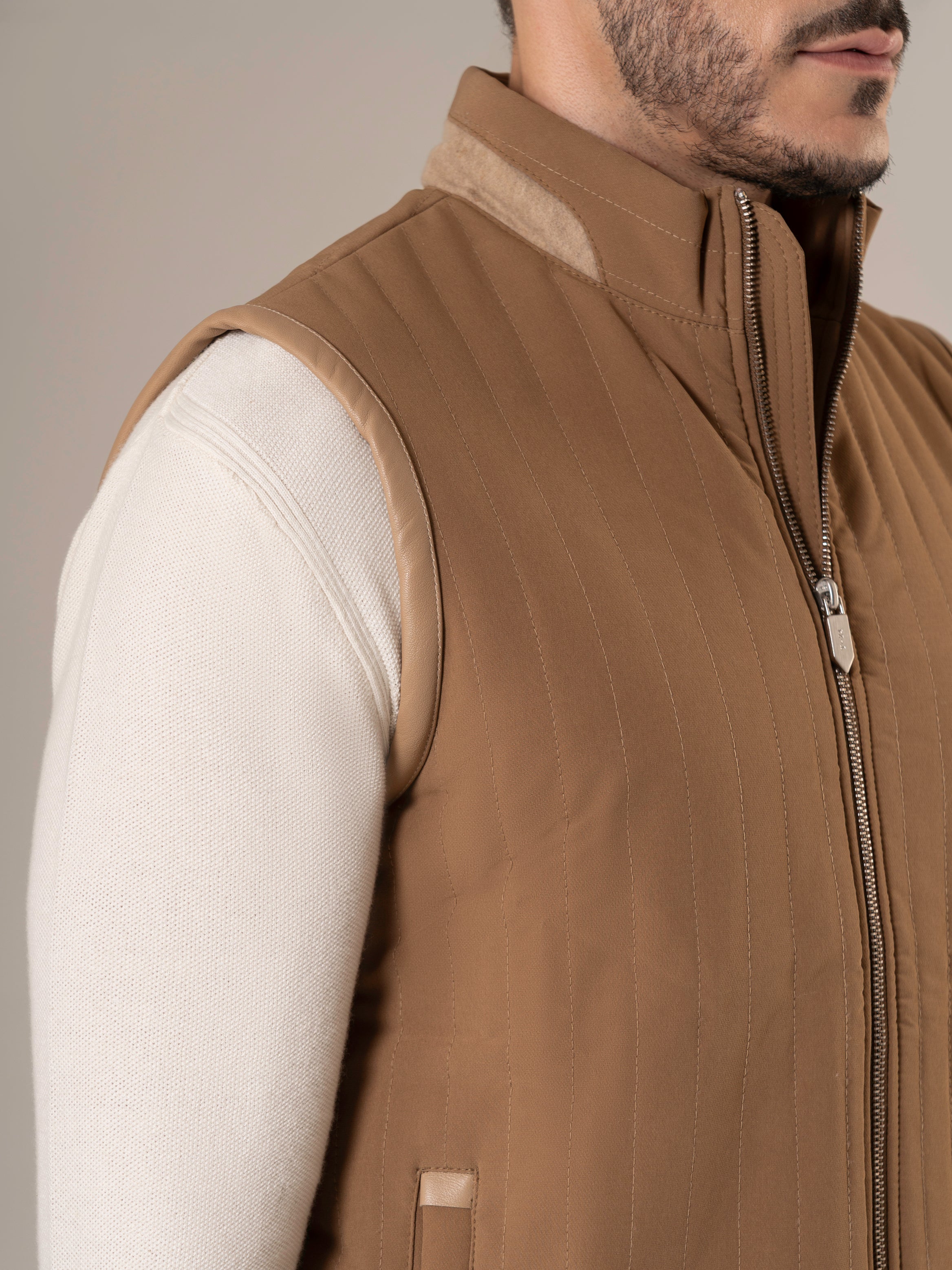 Hunter Quilted Camel Vest with Leather Piping
