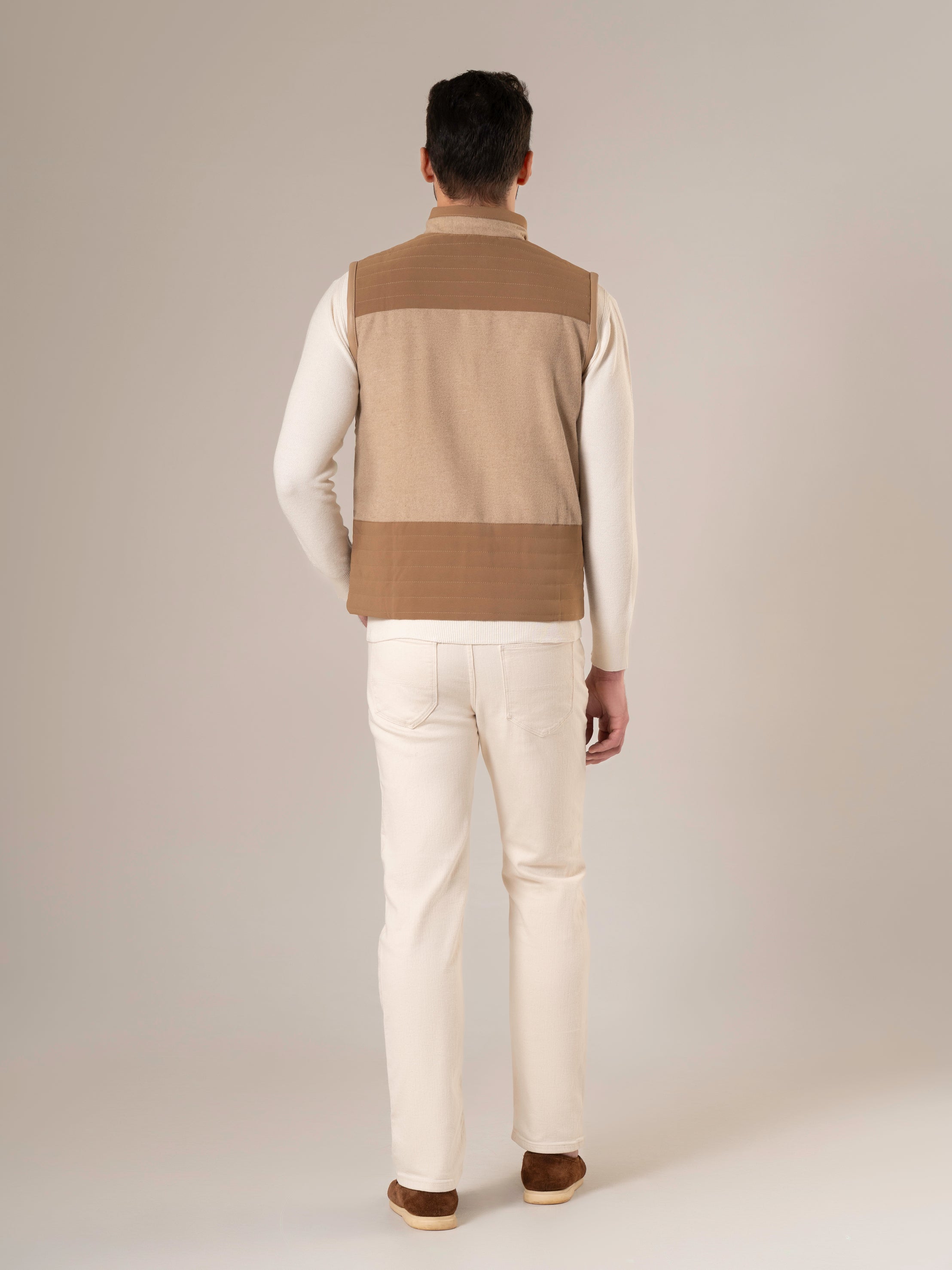 Hunter Quilted Camel Vest with Leather Piping