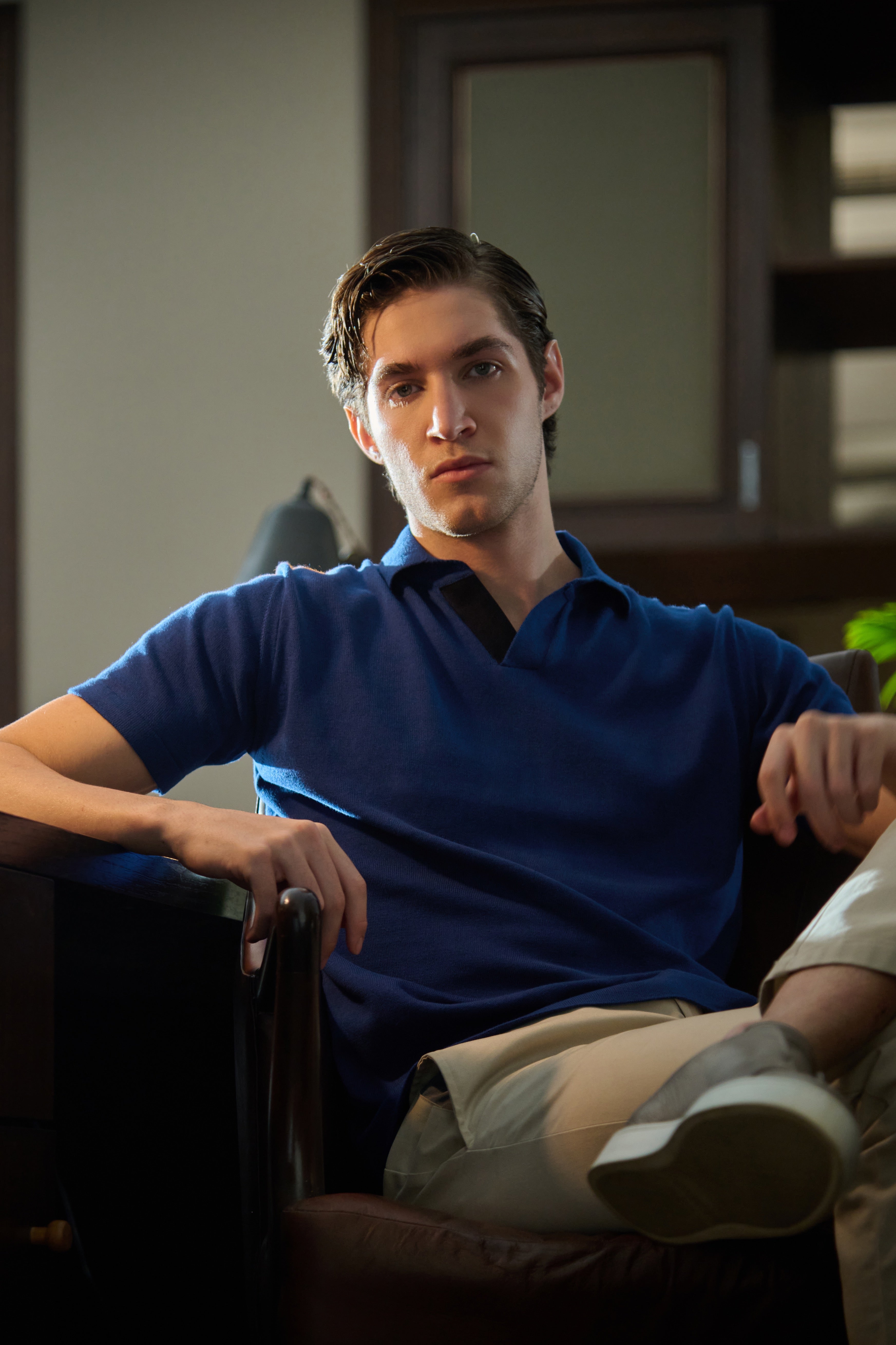 Aston - Marine blue Mercerised Knit Polo with Suede Trim