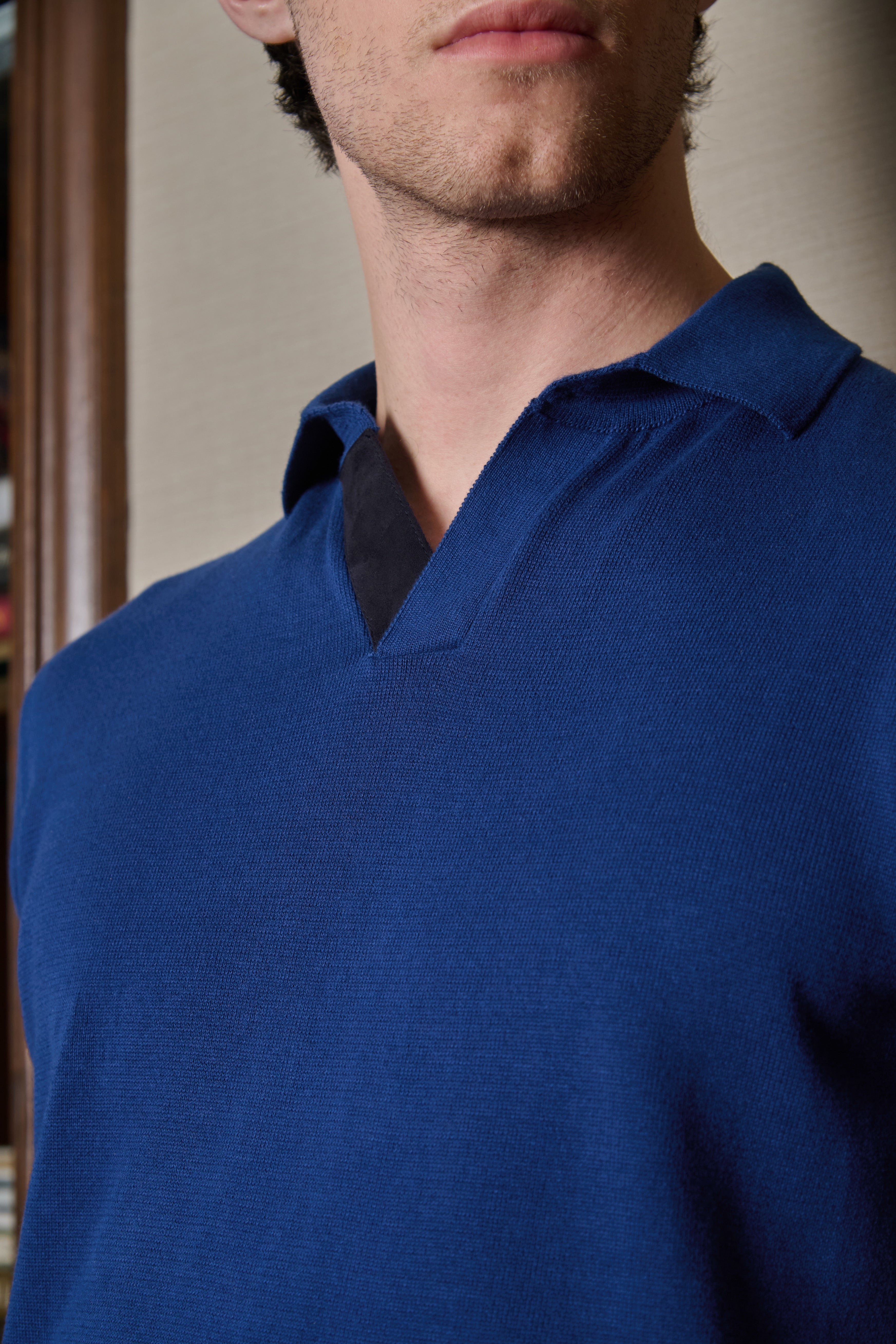 Aston - Marine blue Mercerised Knit Polo with Suede Trim