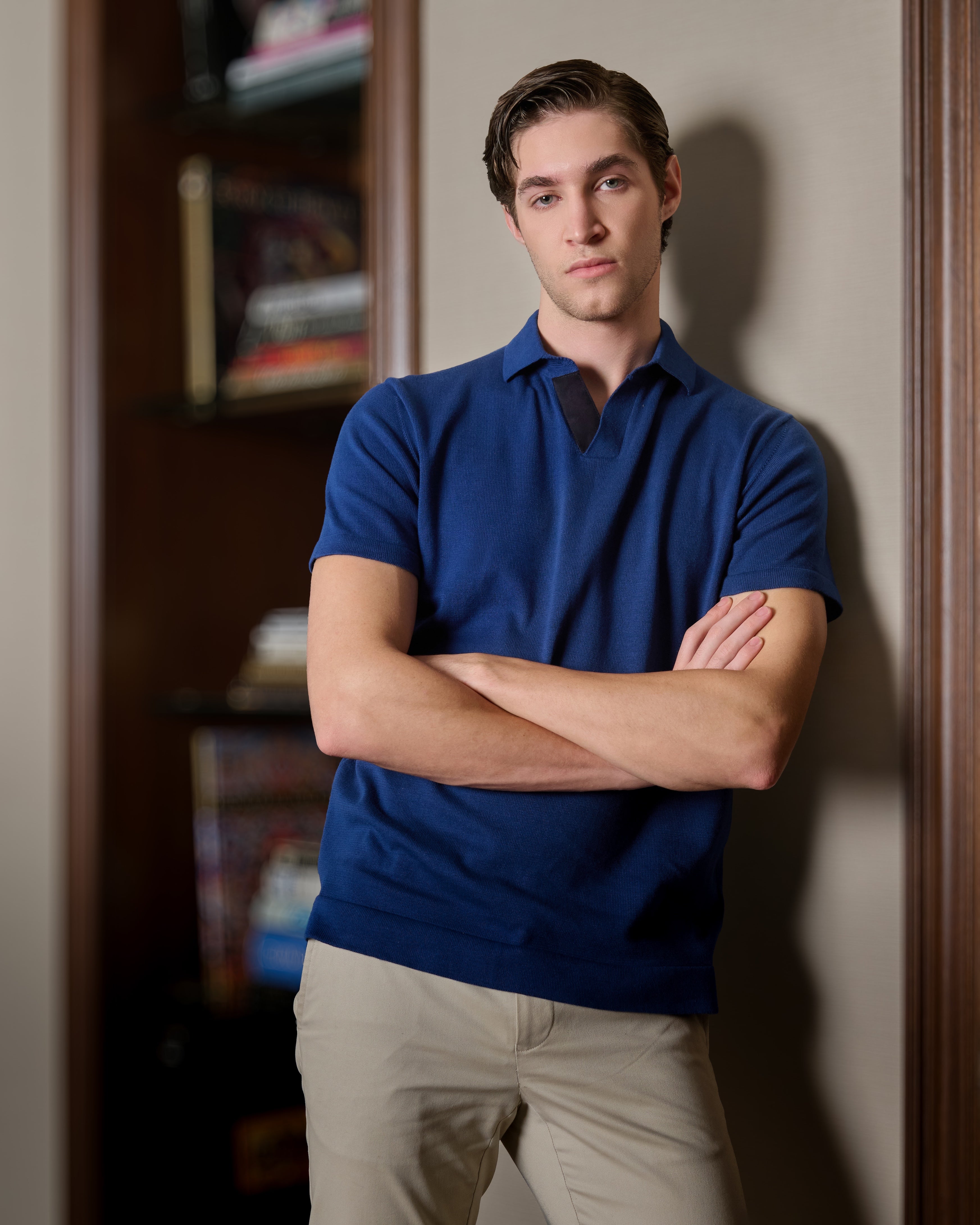 Aston - Marine blue Mercerised Knit Polo with Suede Trim