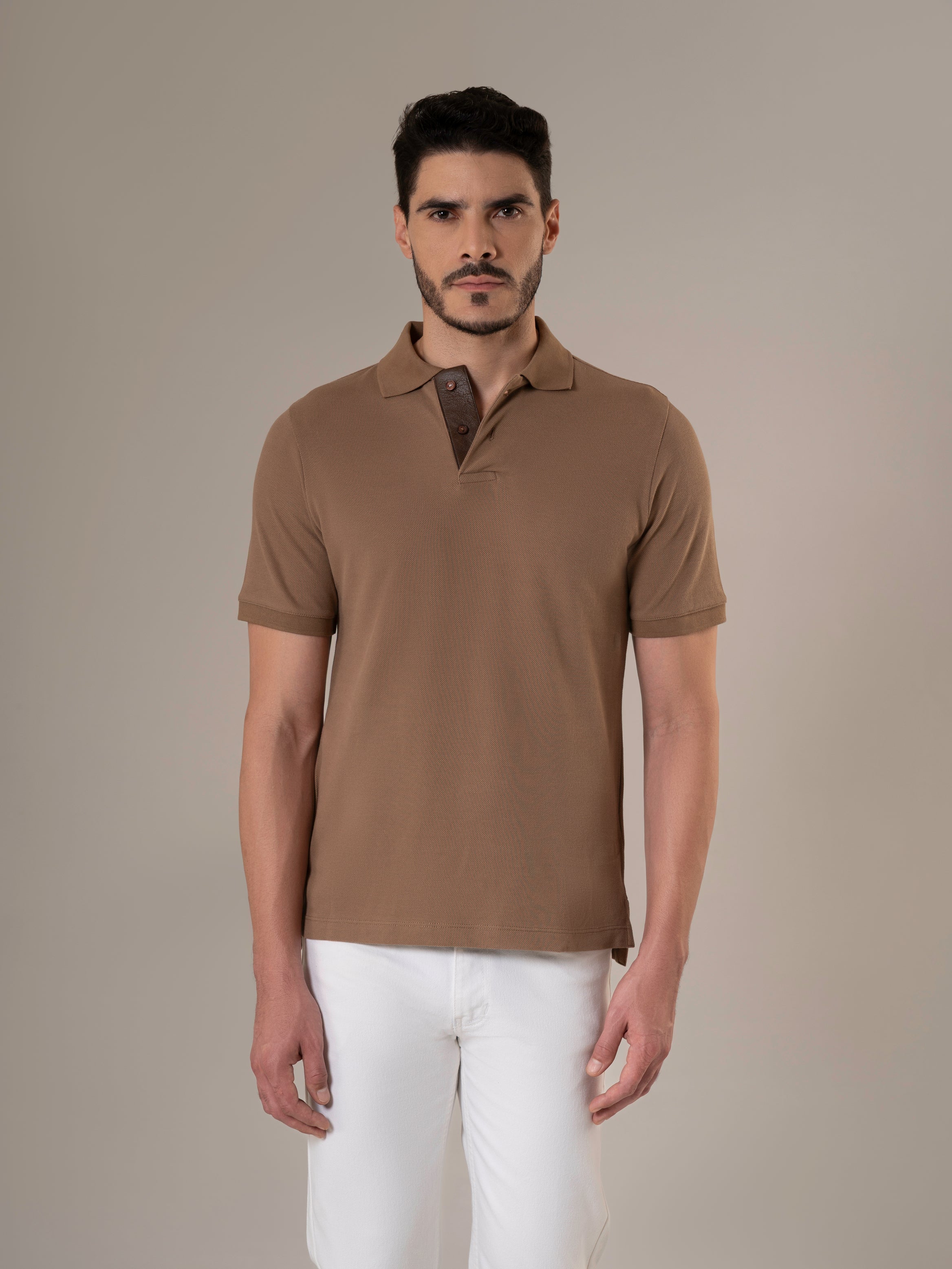 Kraven Brown Piqué Cotton Polo Shirt with Contrast Leather Placket