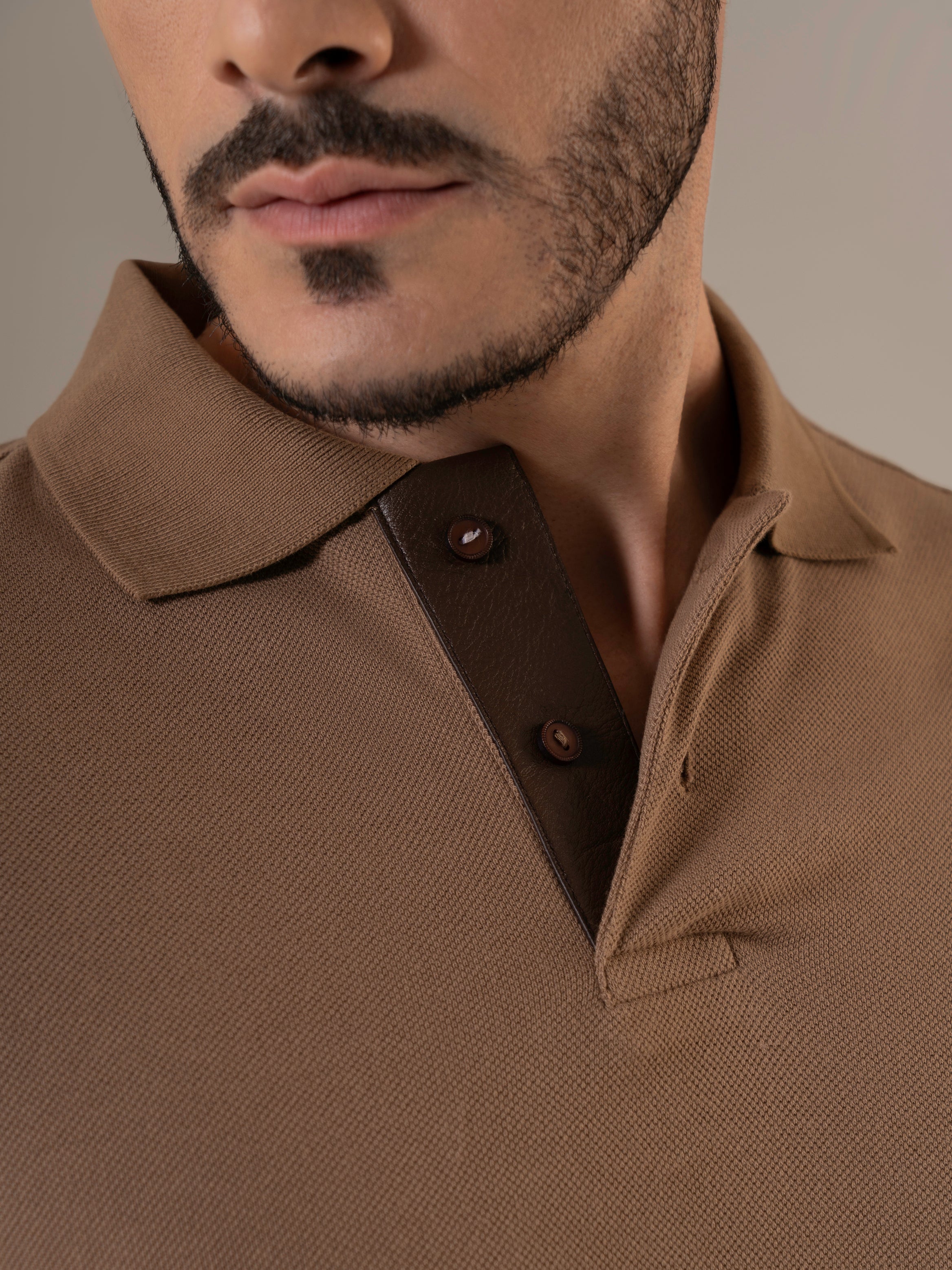 Kraven Brown Piqué Cotton Polo Shirt with Contrast Leather Placket