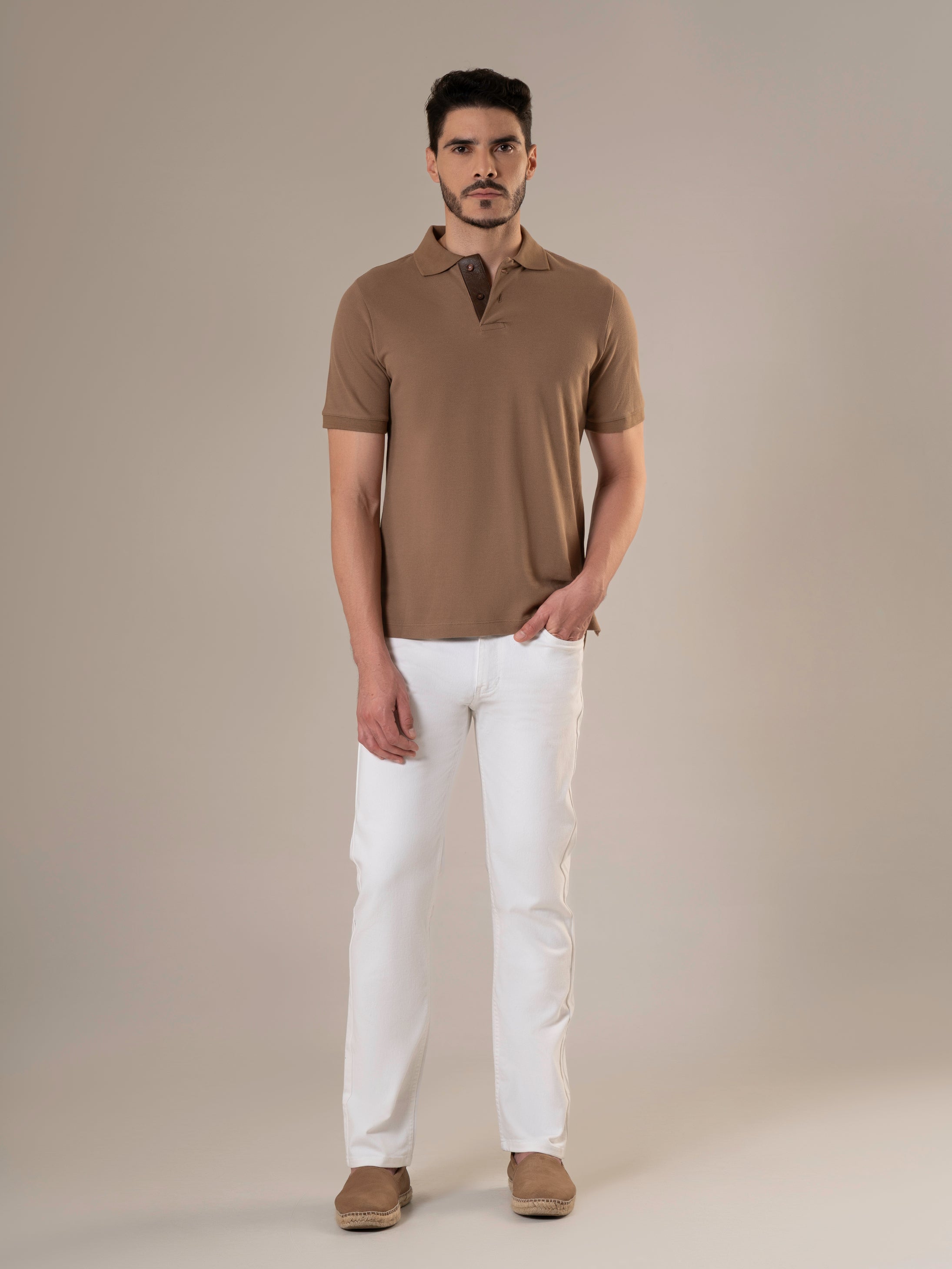 Kraven Brown Piqué Cotton Polo Shirt with Contrast Leather Placket