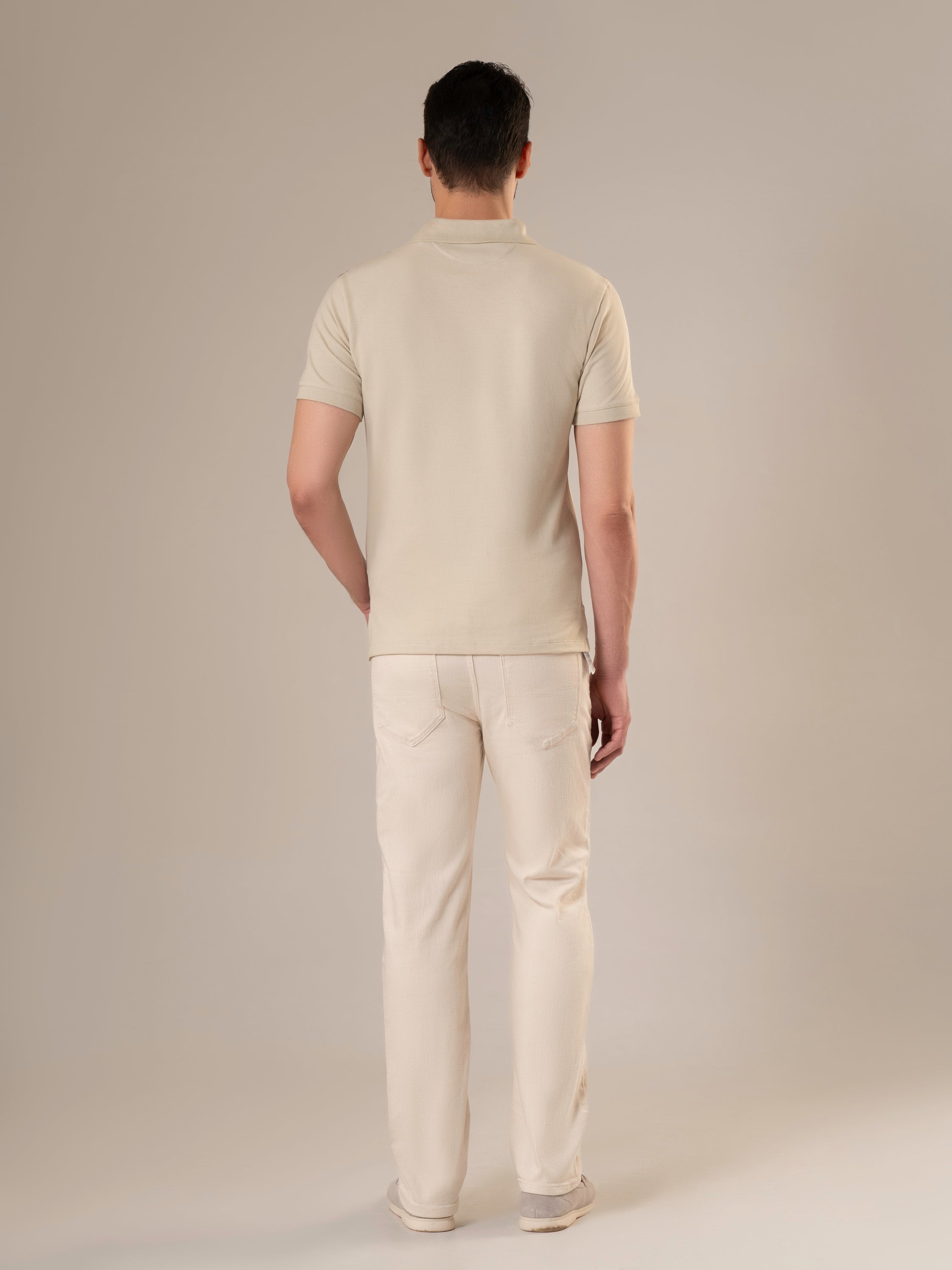 Markhor Ivory Piqué Polo Shirt with Tan Suede Accents