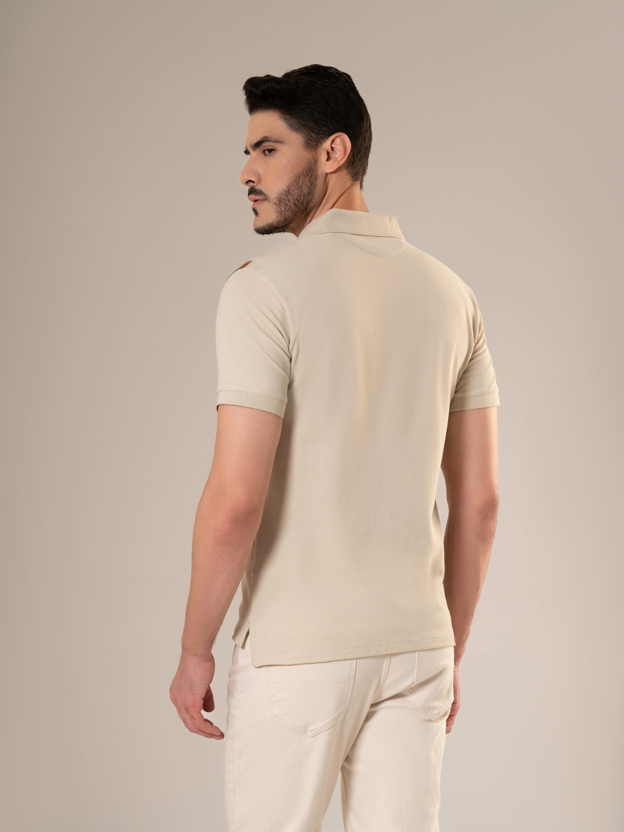 Markhor Ivory Piqué Polo Shirt with Tan Suede Accents