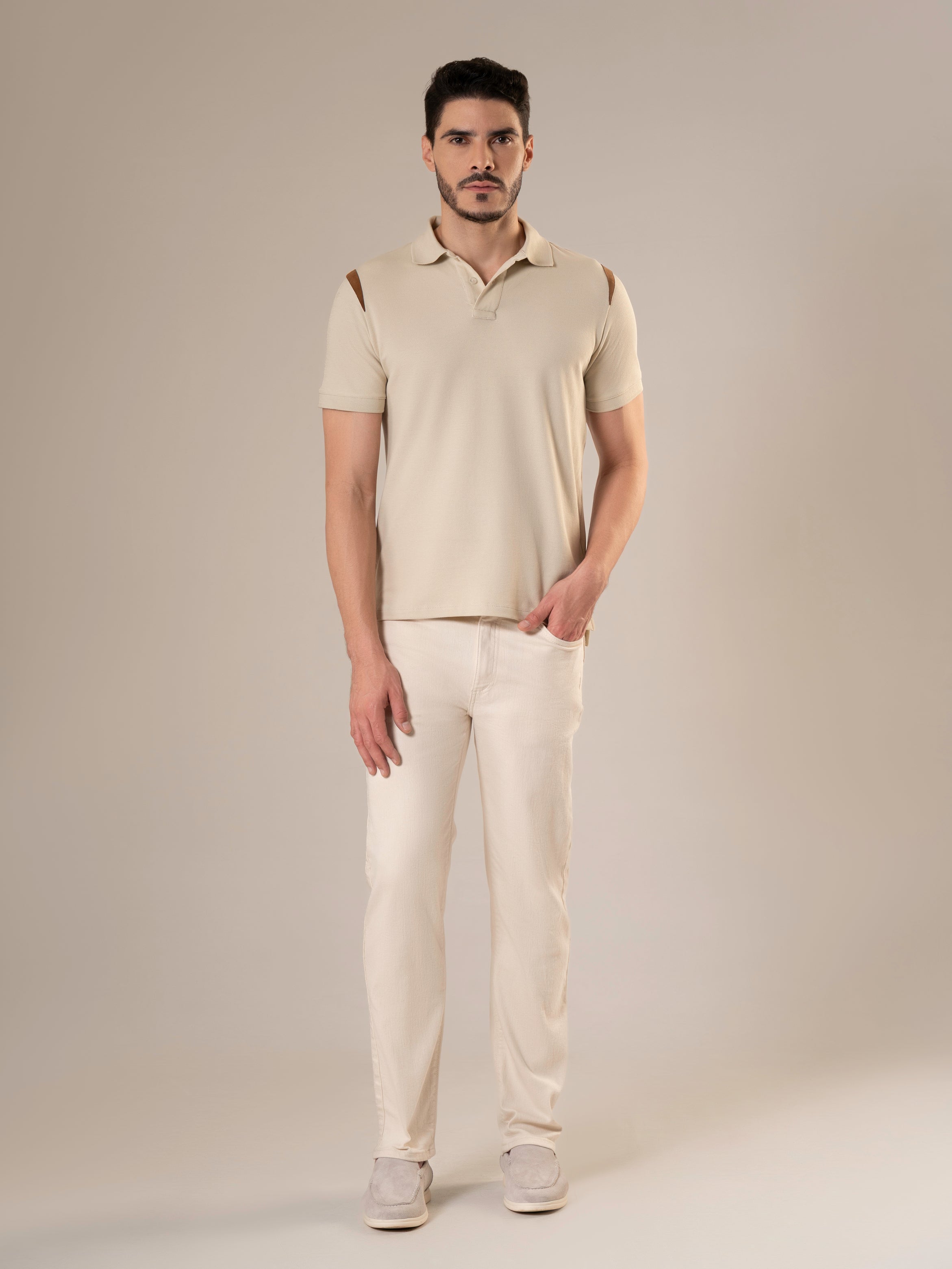 Markhor Ivory Piqué Polo Shirt with Tan Suede Accents