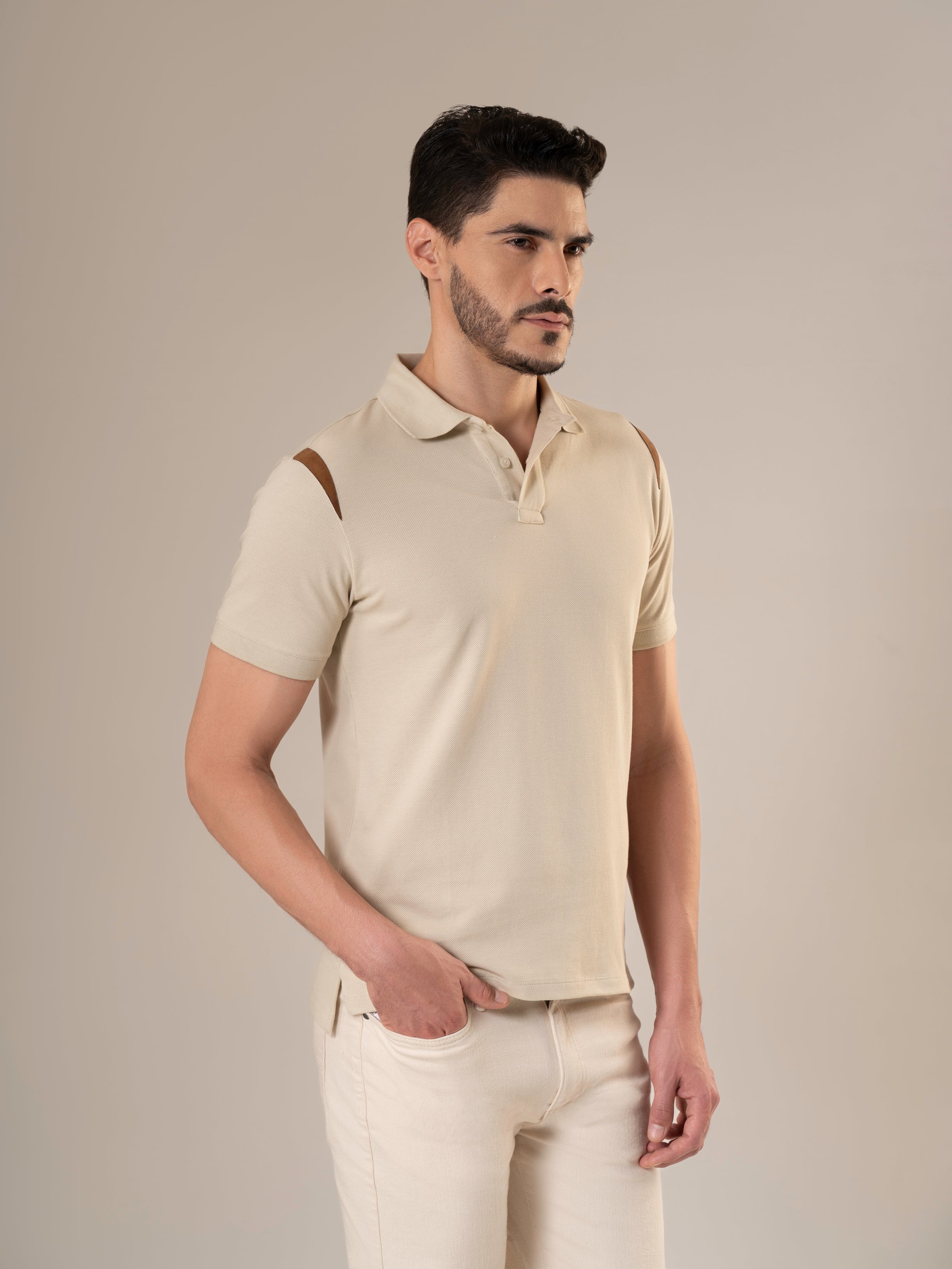Markhor Ivory Piqué Polo Shirt with Tan Suede Accents
