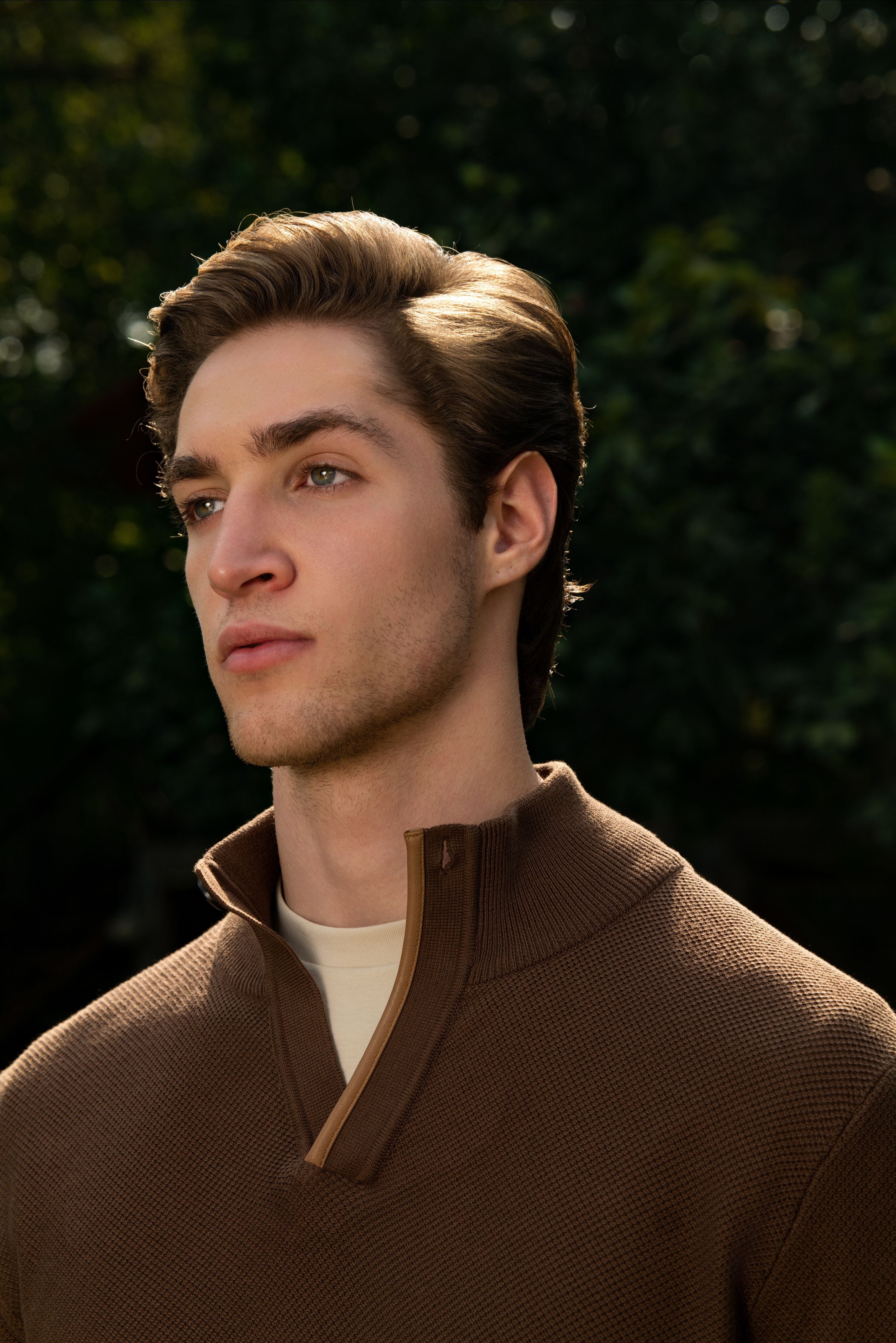 BRECKEN – Premium Cotton Knit Honeycomb High-Collar Sweater with Leather Trim