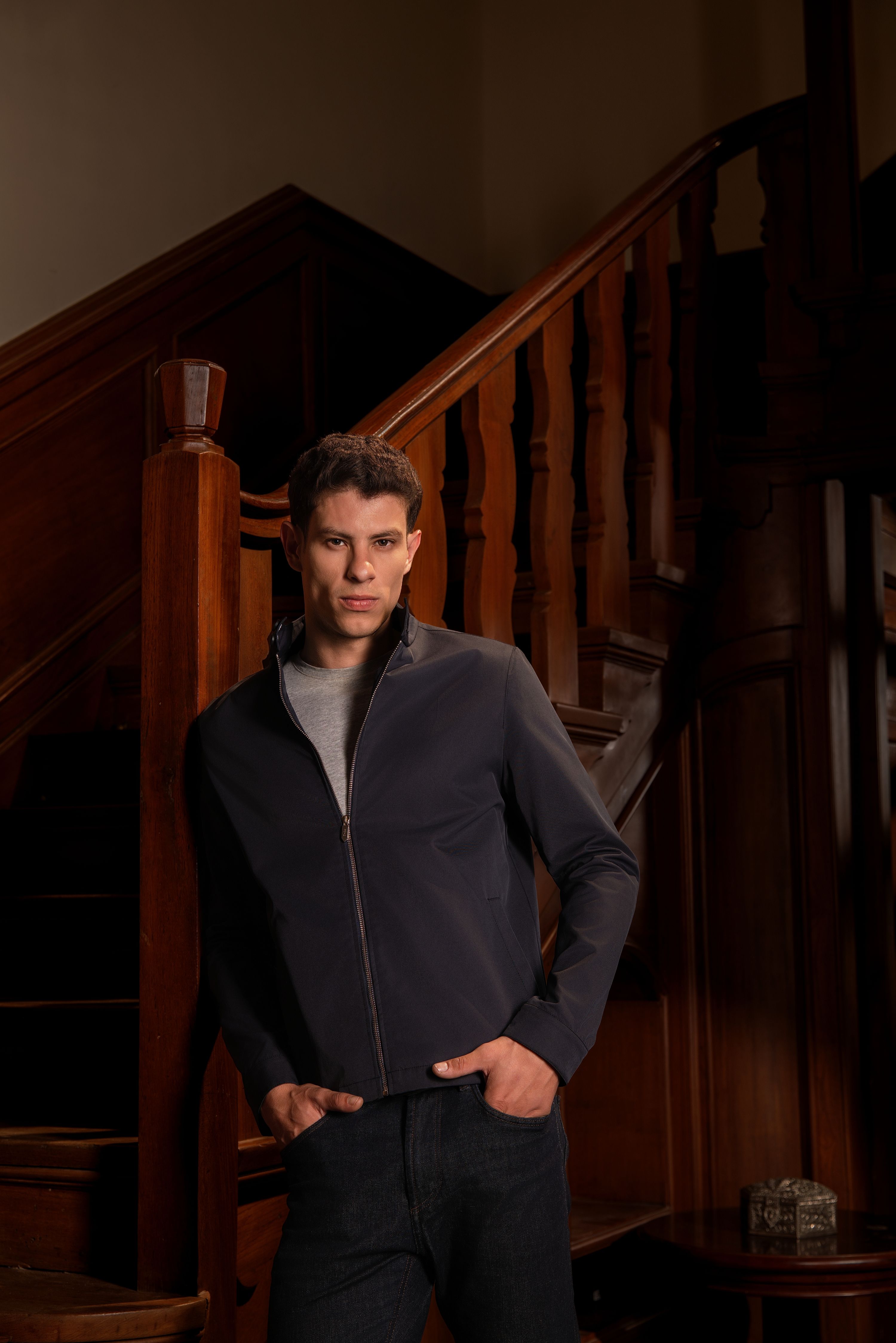AQUILO - Midnight blue blue Technical Shell Jacket with Leather Accents