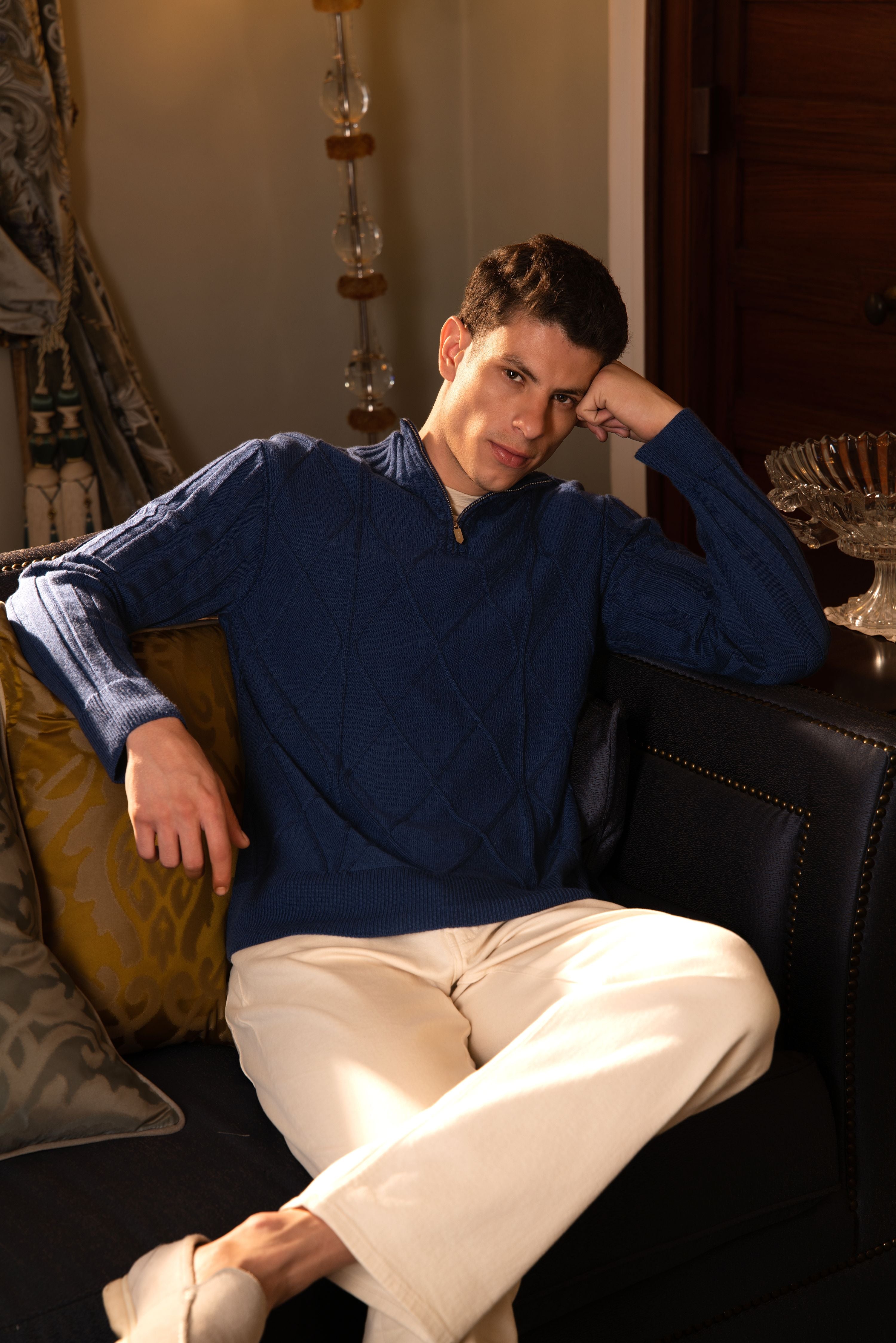 CAPTAIN – Pure Cashwool Multiple Structure Quarter-Zip in Blue Royale