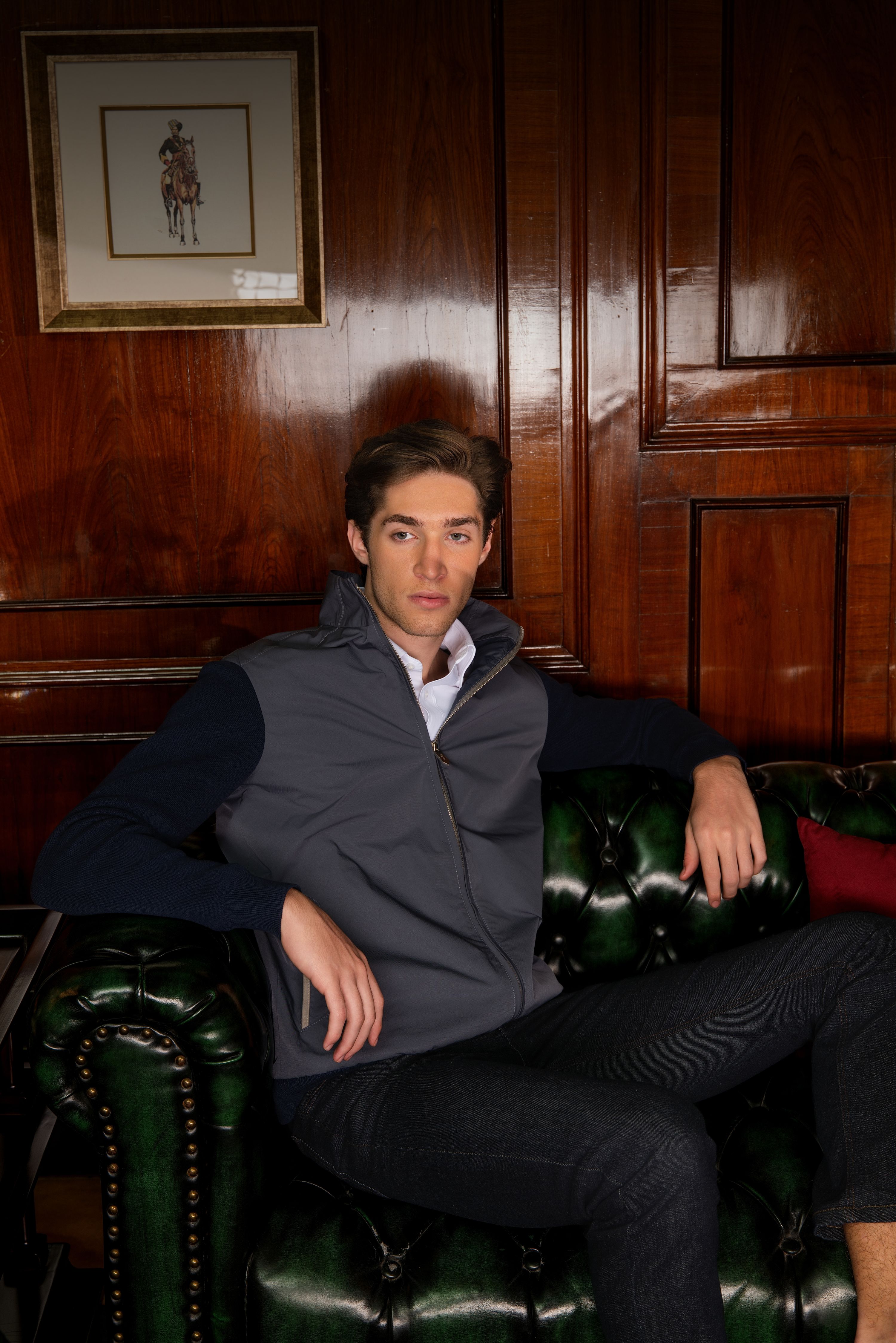 SAILOR - Steel Blue Bomber Jacket with Navy Cotton-Knit Sleeves and Suede-Trimmed Pockets