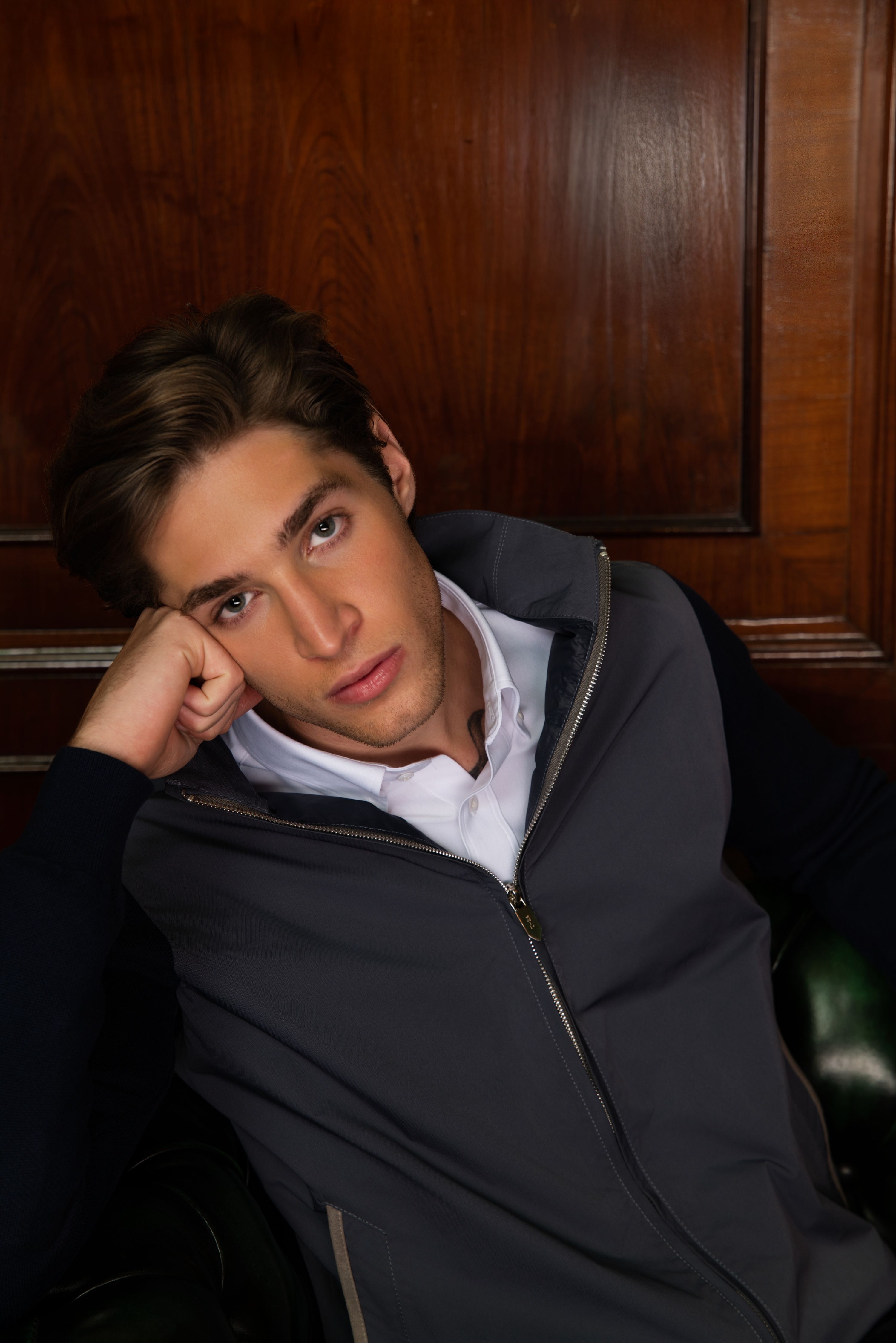 SAILOR - Steel Blue Bomber Jacket with Navy Cotton-Knit Sleeves and Suede-Trimmed Pockets