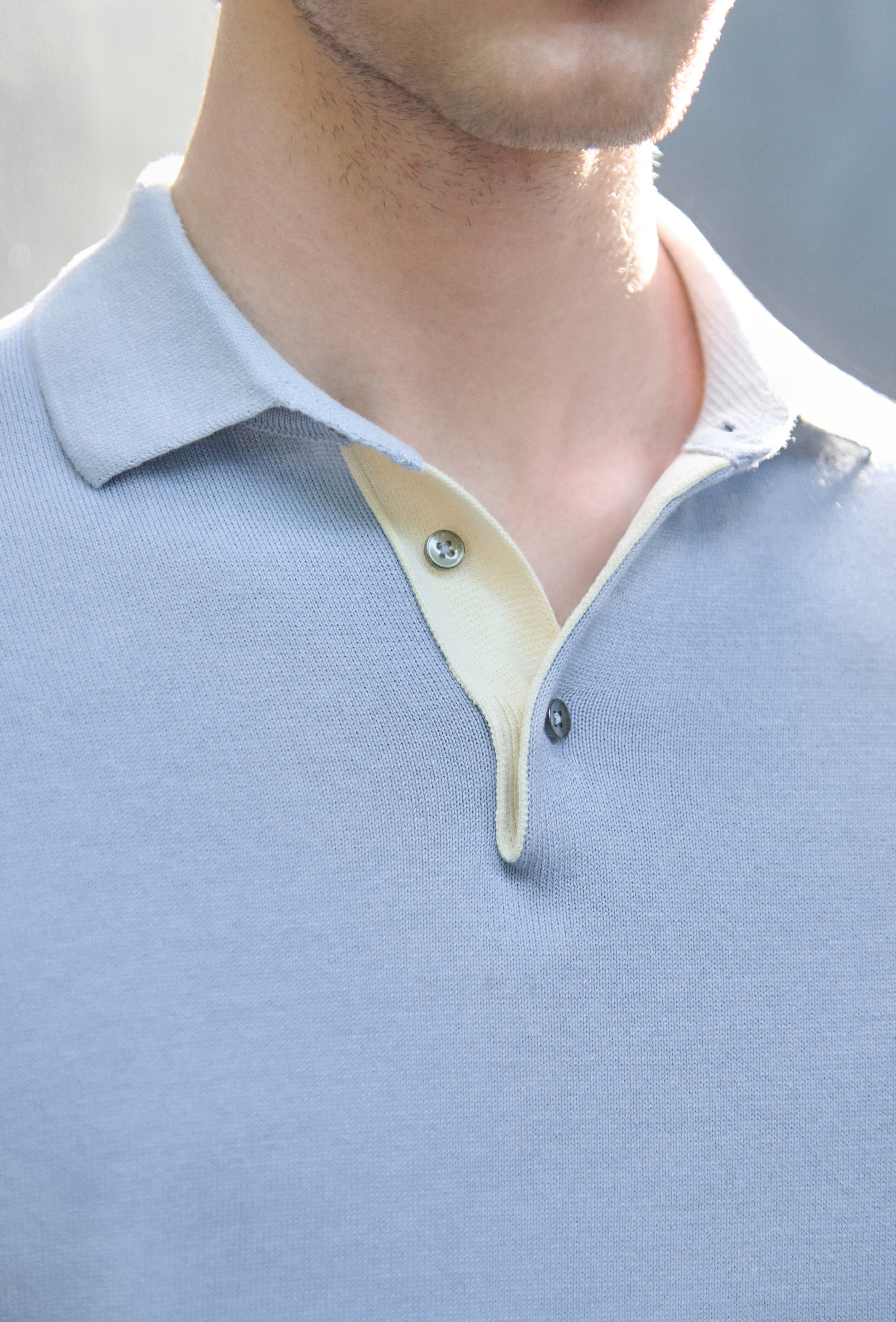 Aurel - Glacial Blue Knit Polo with Contrast Placket