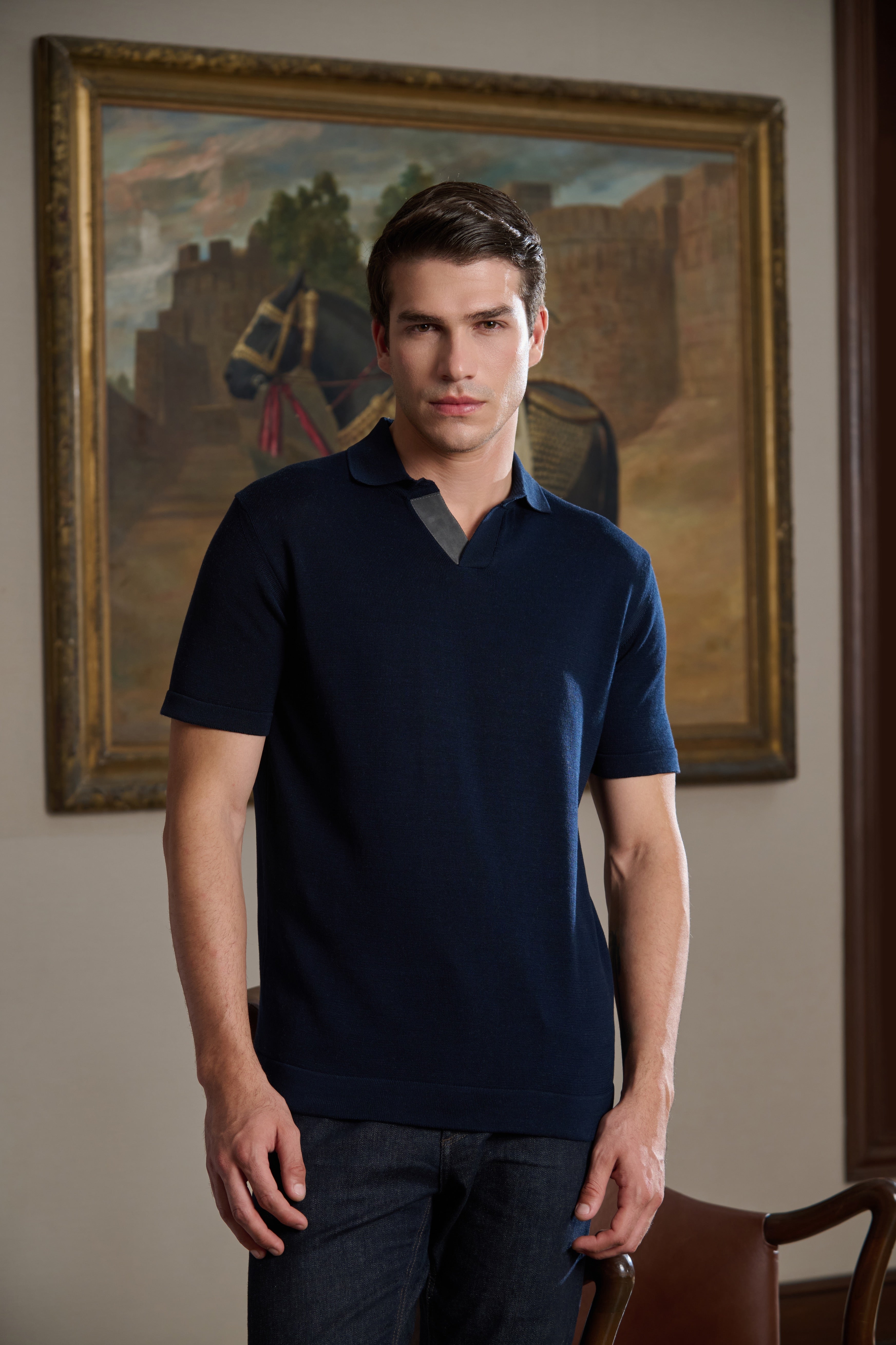 Aeden - Navy Mercerised Knit with Suede Trim
