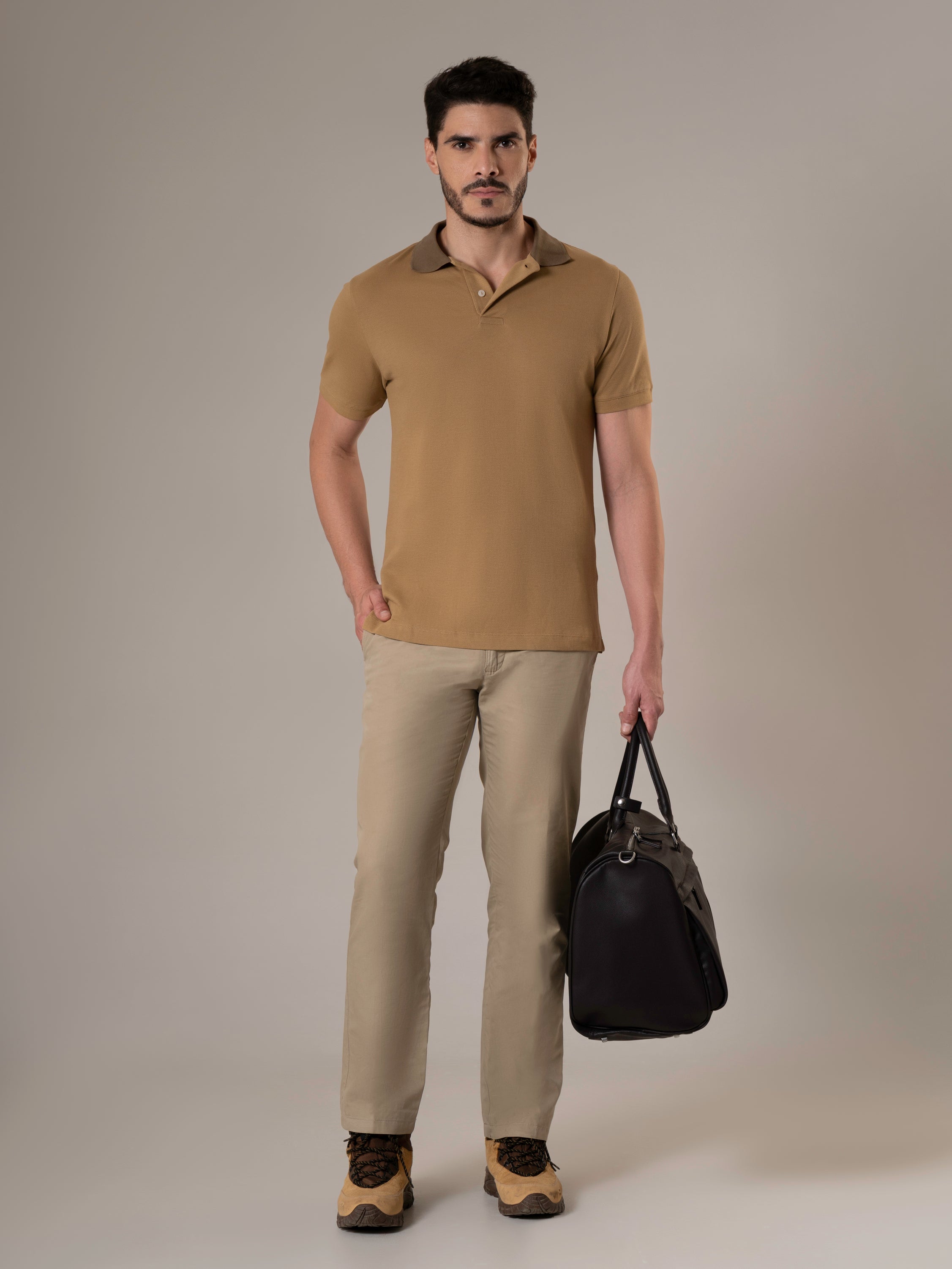Terrane Sand Beige Piqué Polo Shirt with Contrast Collar