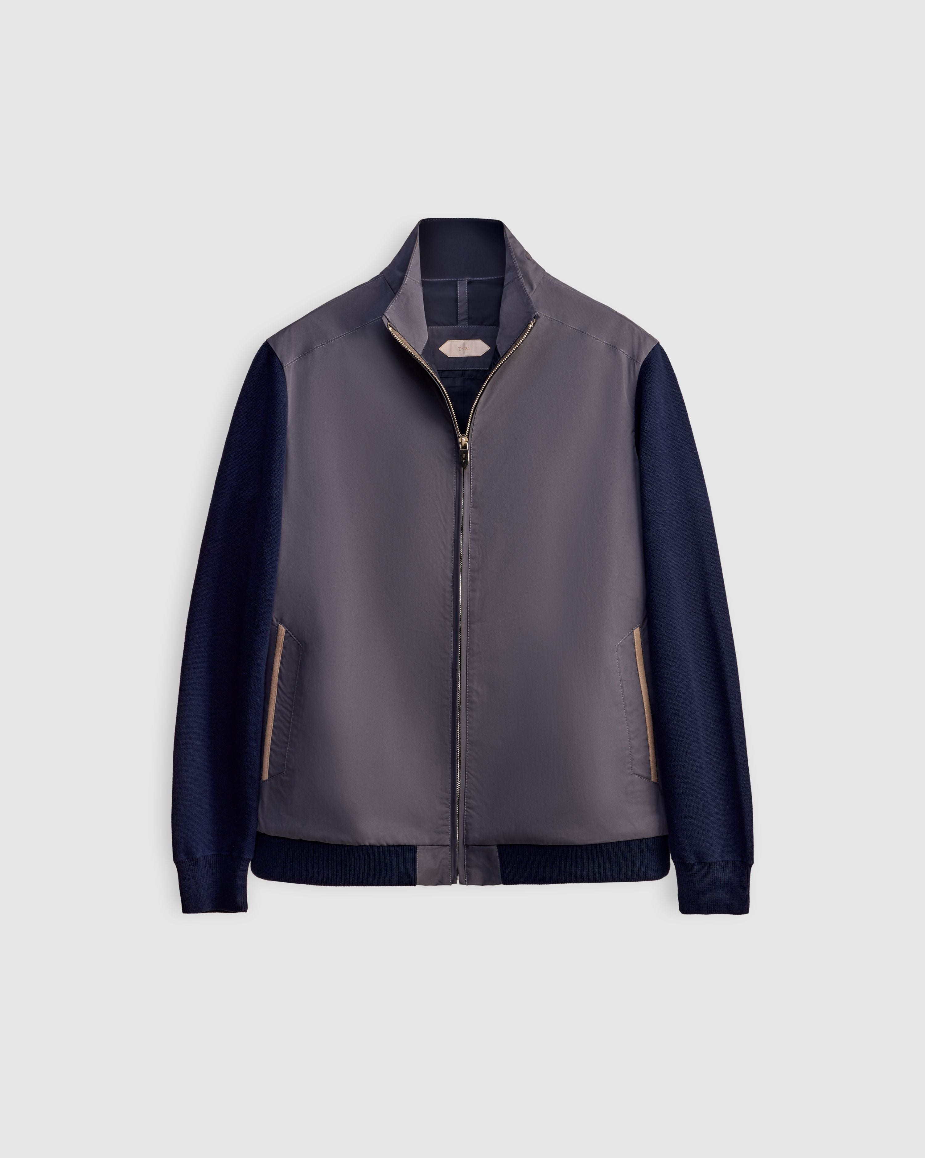 SAILOR - Steel Blue Bomber Jacket with Navy Cotton-Knit Sleeves and Suede-Trimmed Pockets