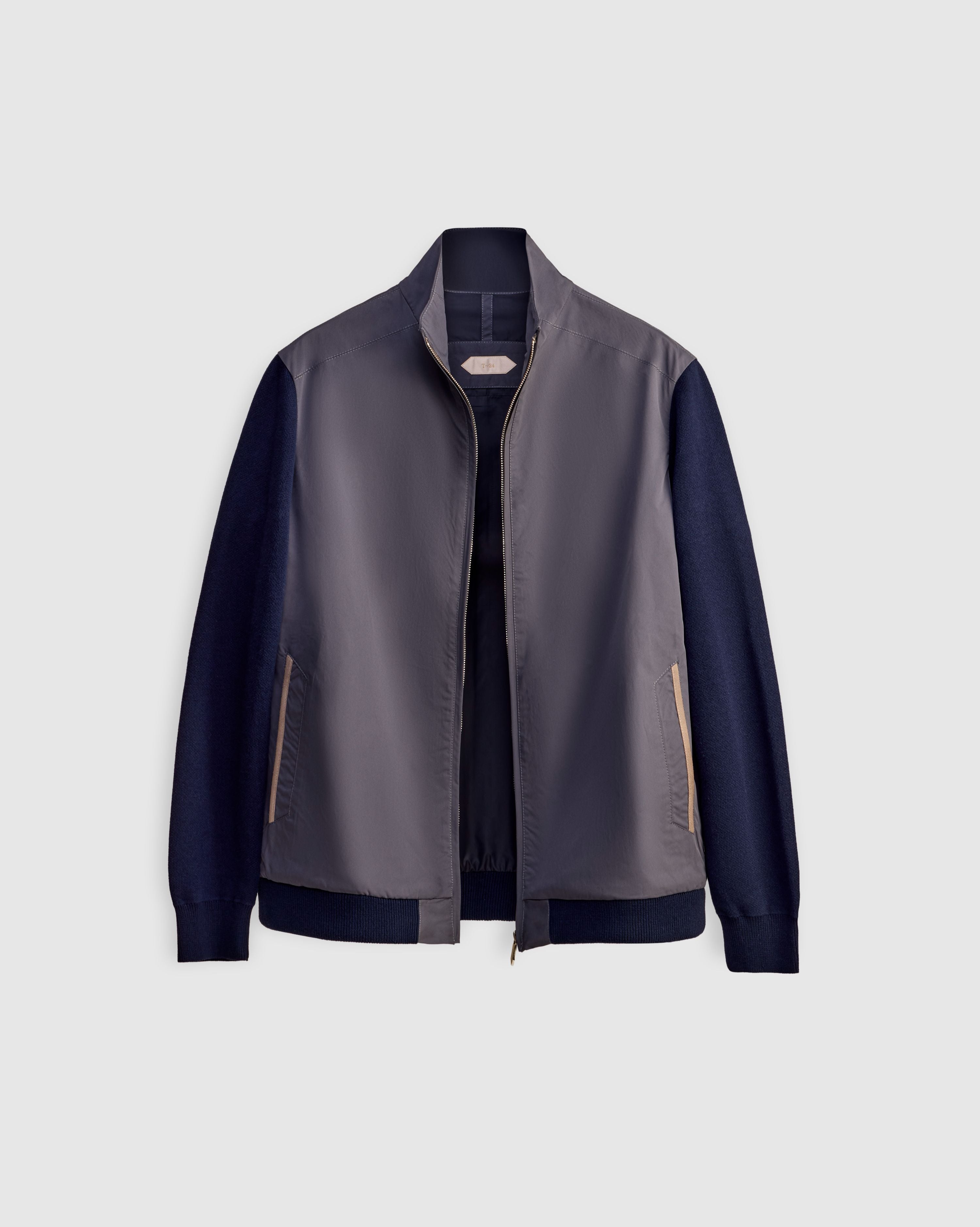 SAILOR - Steel Blue Bomber Jacket with Navy Cotton-Knit Sleeves and Suede-Trimmed Pockets