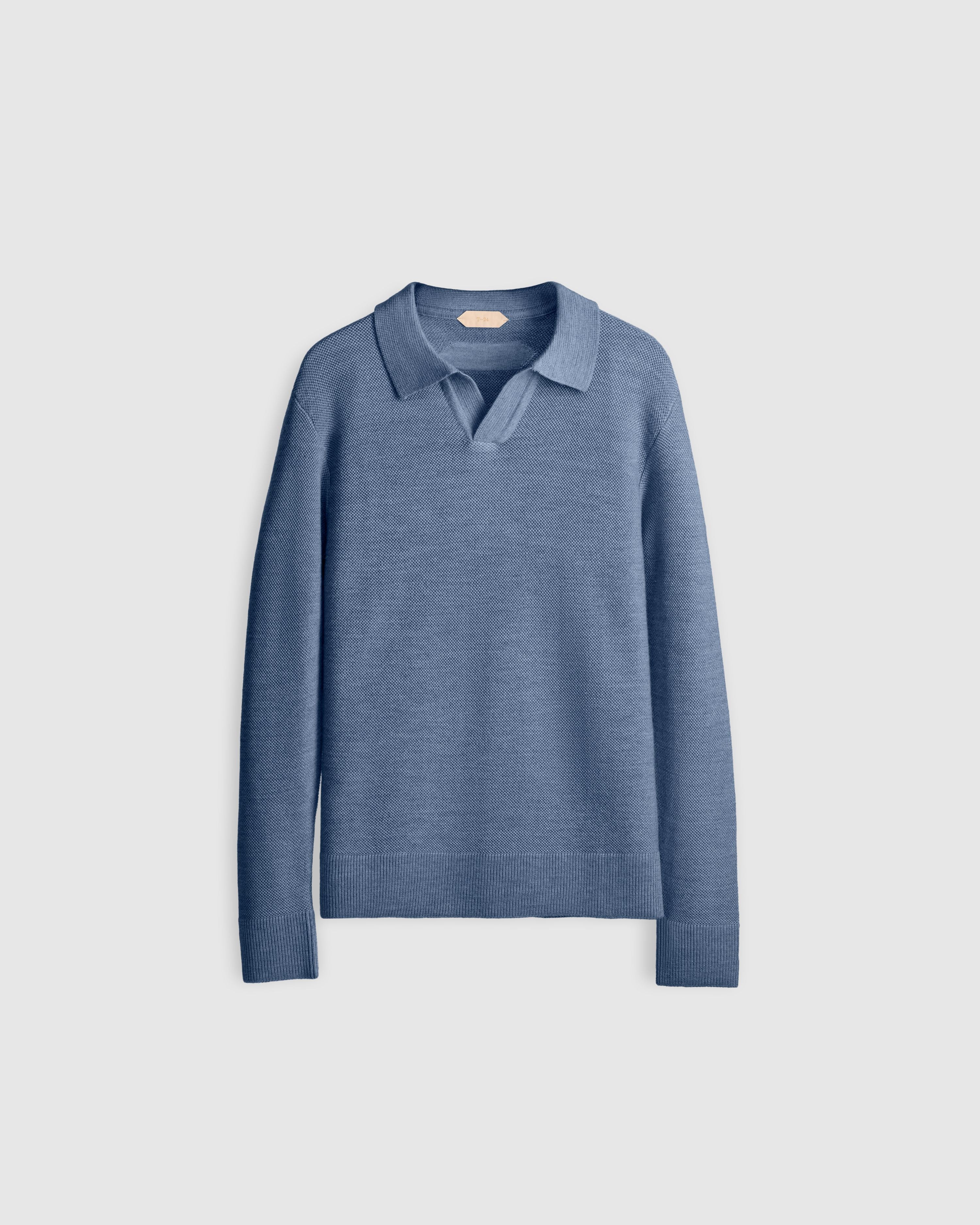HARBOUR – Pure Cashwool Honeycomb Knit Polo Collar Sweater in Glacial Blue