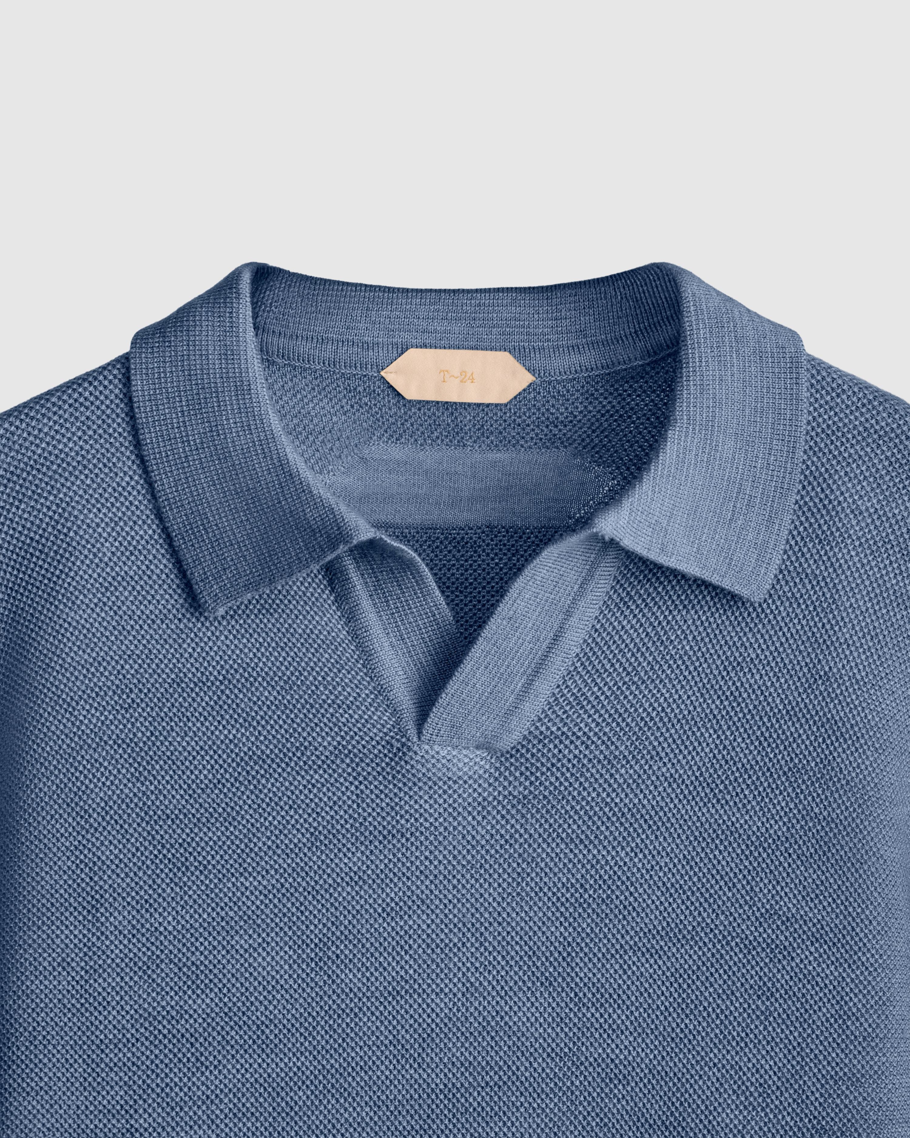 HARBOUR – Pure Cashwool Honeycomb Knit Polo Collar Sweater in Glacial Blue