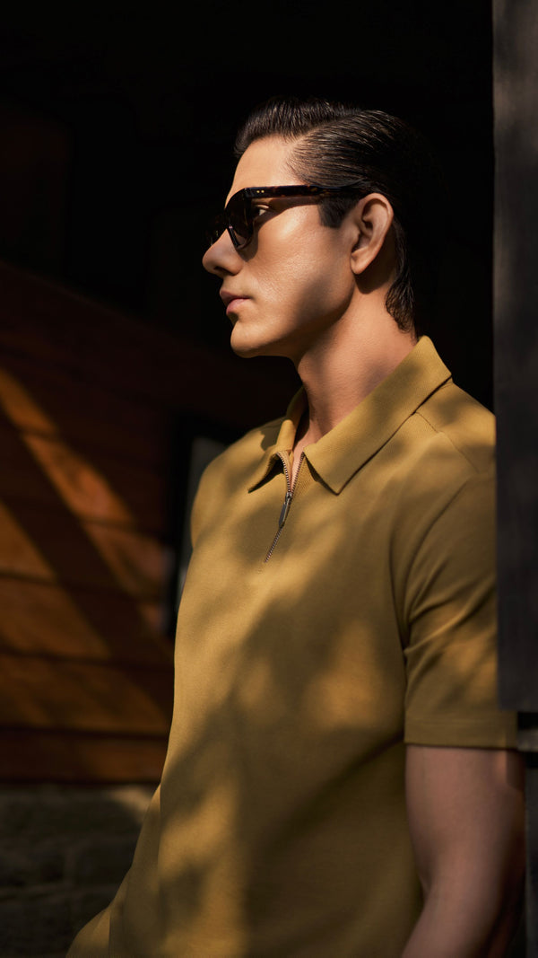 Dune Desert Sand Piqué Cotton Quarter-Zip Polo Shirt