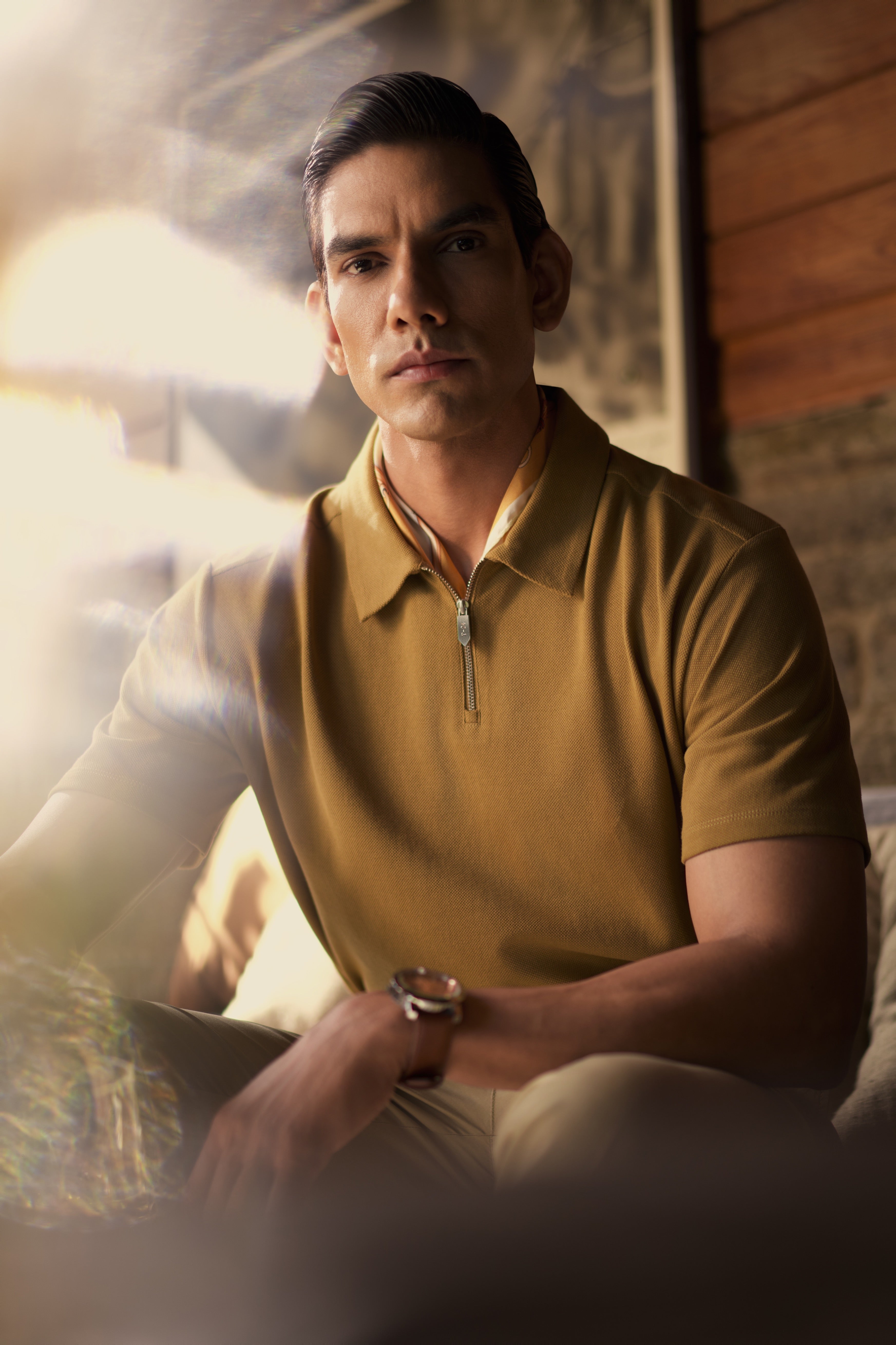 Dune Desert Sand Piqué Cotton Quarter-Zip Polo Shirt