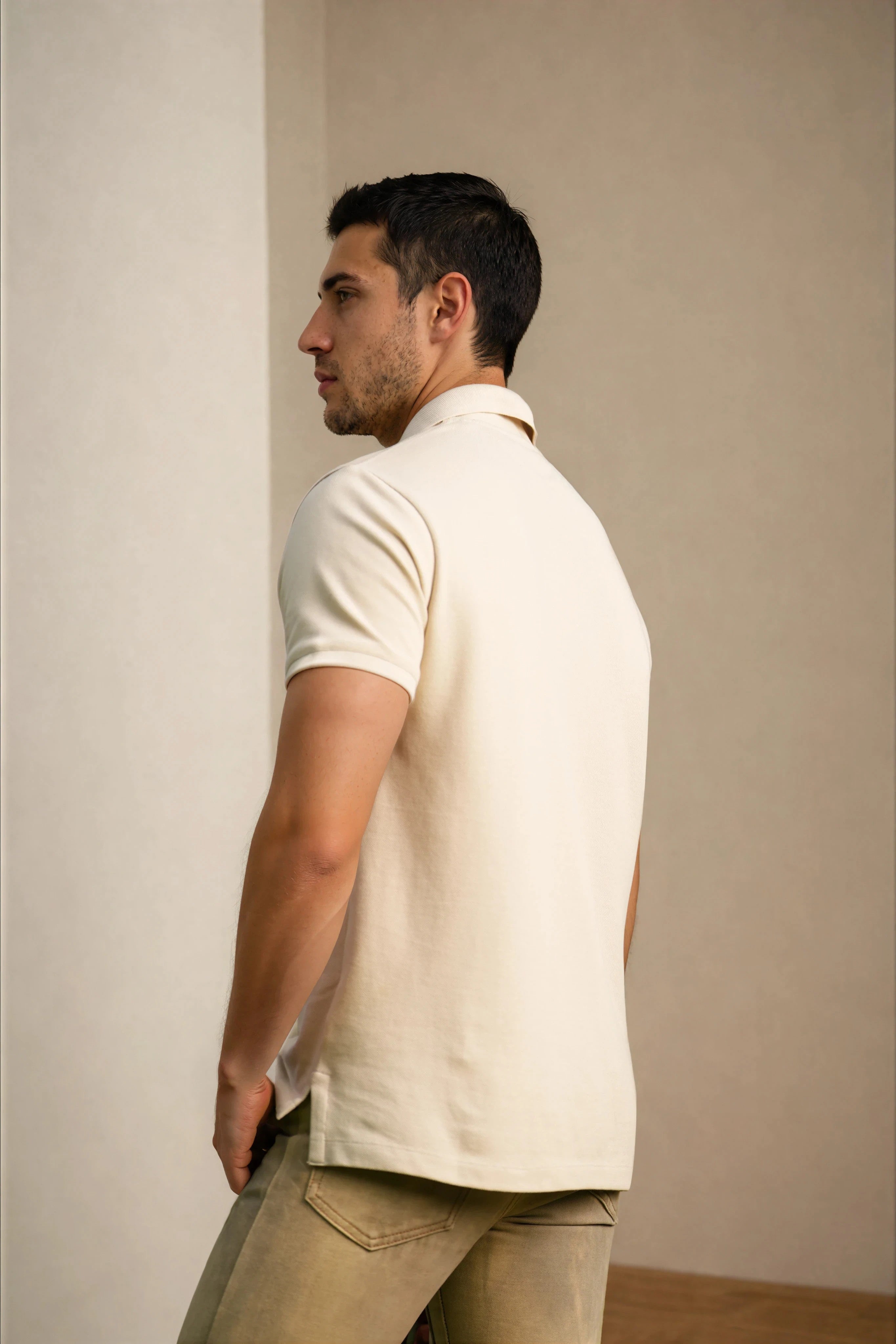 Markhor Ivory Piqué Polo Shirt with Tan Suede Accents