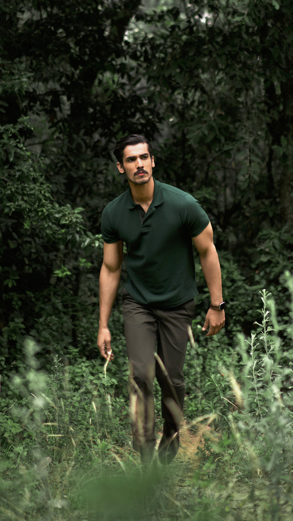 Umbra Forest Green Piqué Cotton Polo Shirt with Tonal Leather Placket