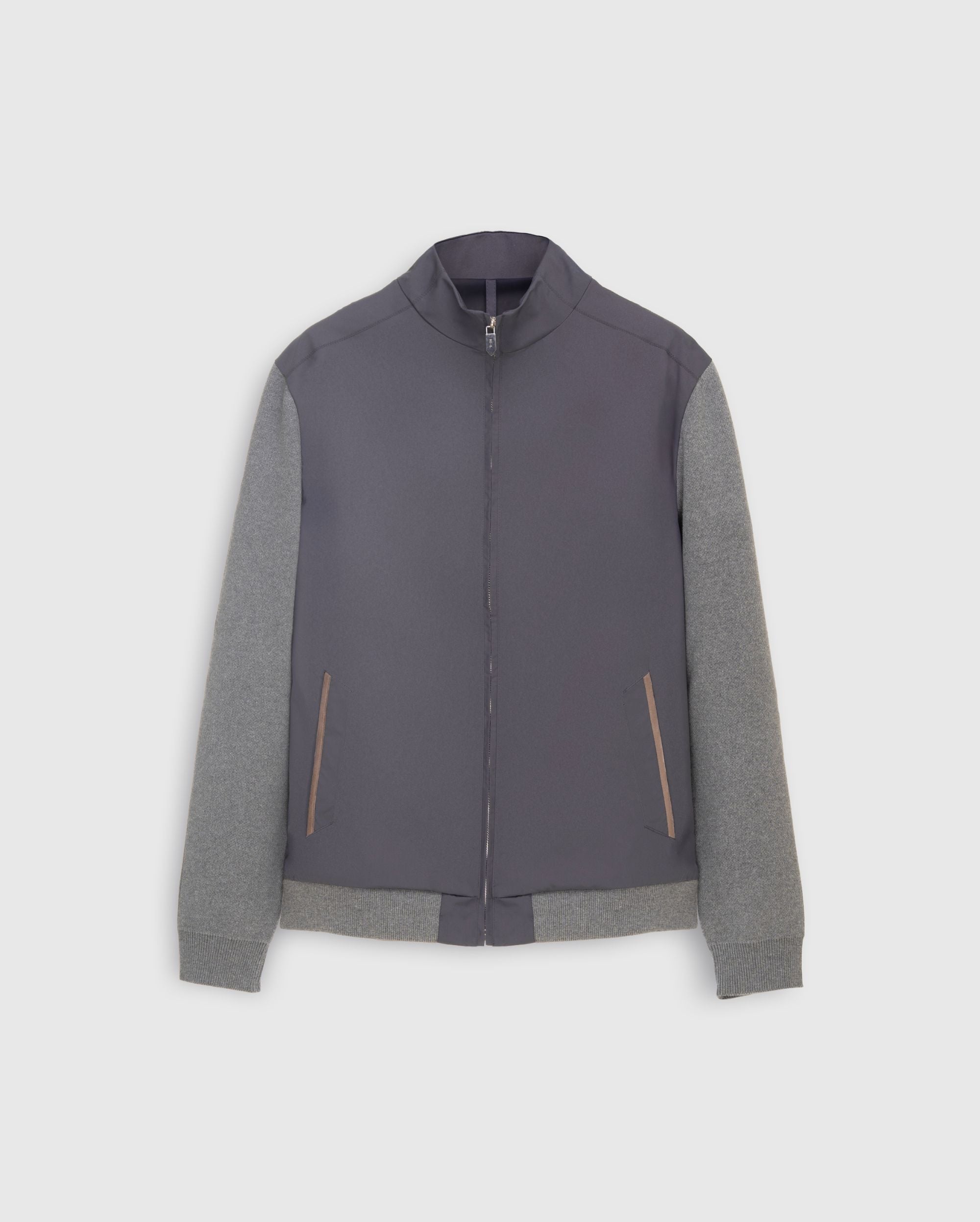 SAILOR - Steel Blue Bomber Jacket with Steel Grey Cotton-Knit Sleeves and Suede-Trimmed Pockets