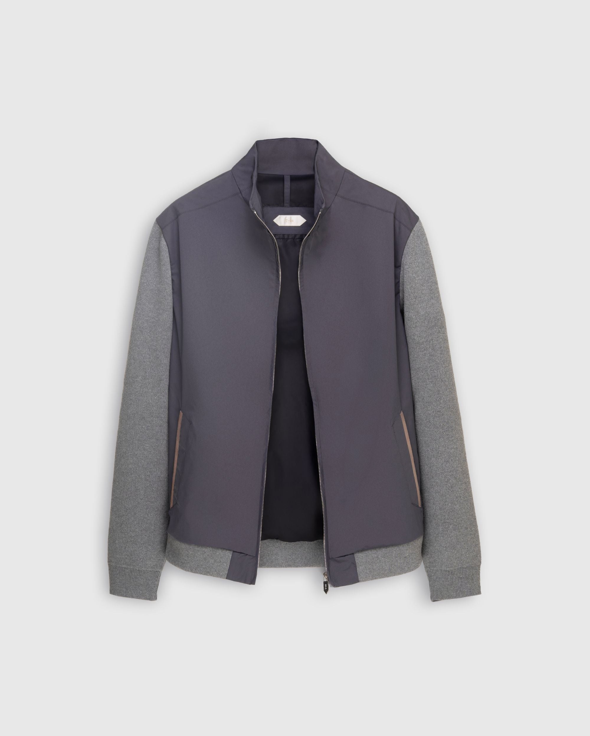SAILOR - Steel Blue Bomber Jacket with Steel Grey Cotton-Knit Sleeves and Suede-Trimmed Pockets